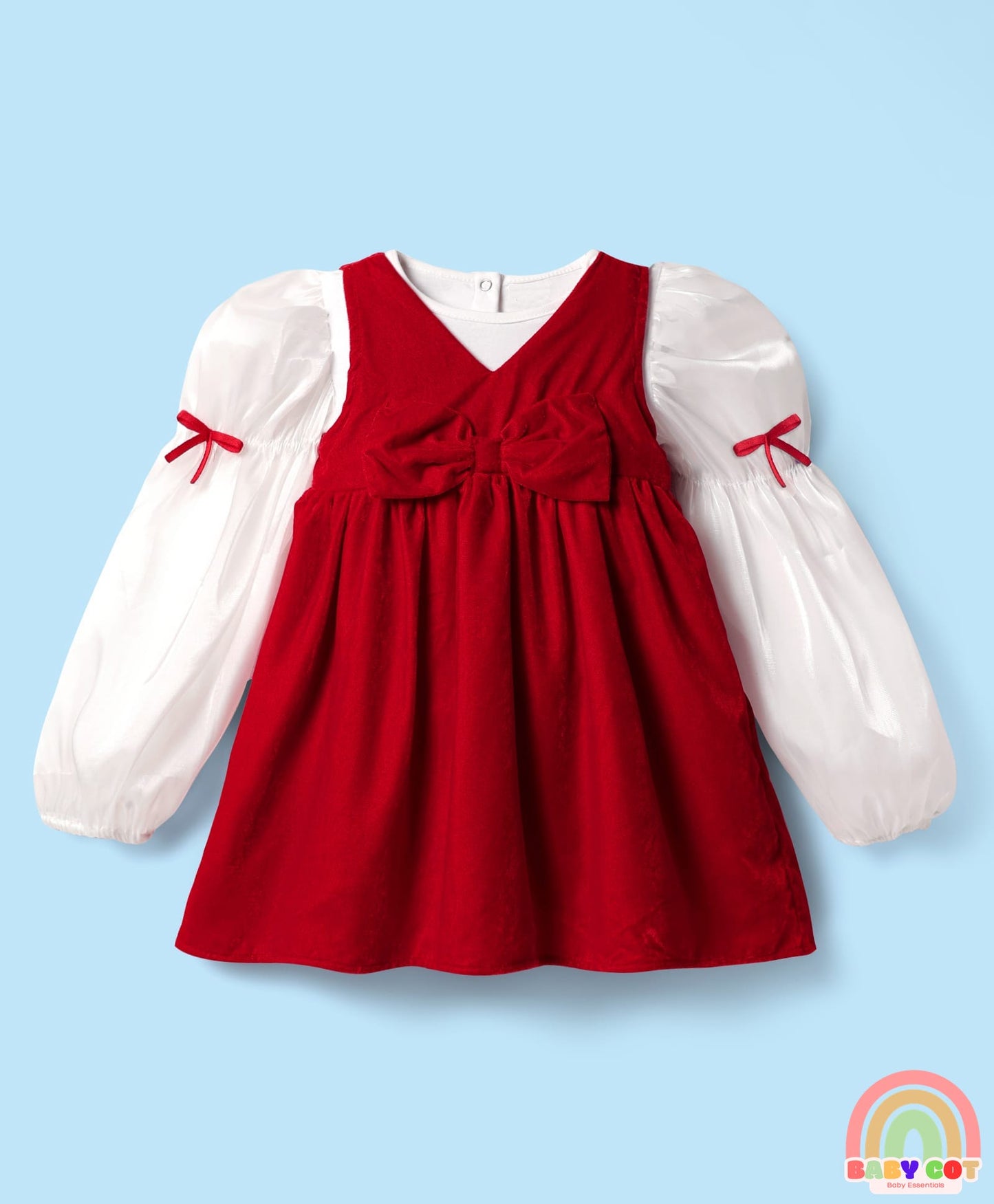 Cotton Knit Frock & Full Balloon Sleeves Inner Tee With Bow Applique - Red & White