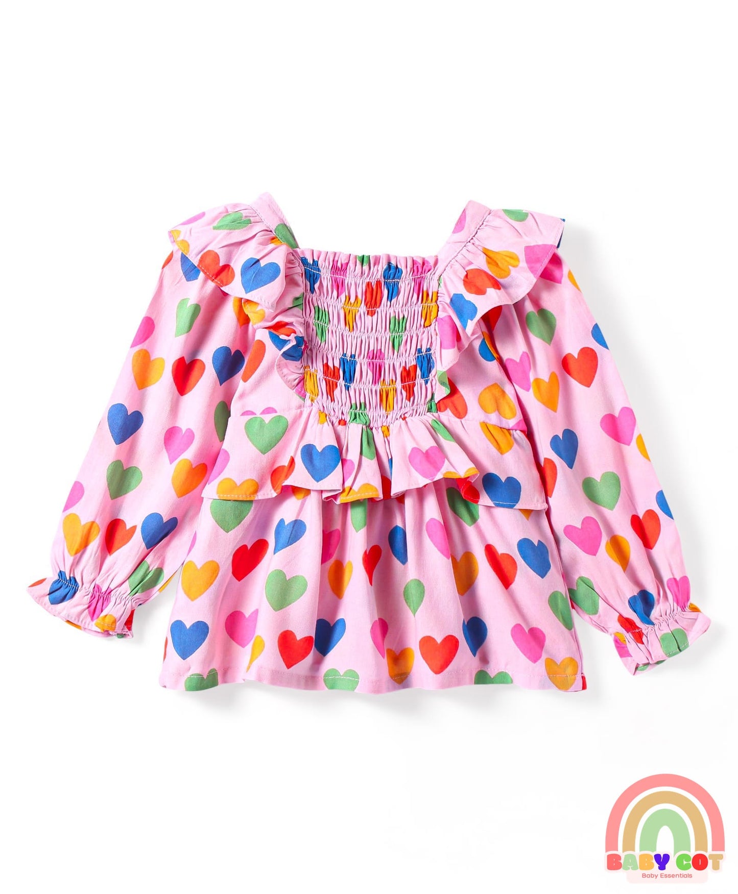 Rayon Woven Full Peasant Sleeves Heart Printed Top with Frill Detailing - Pink Red & Blue