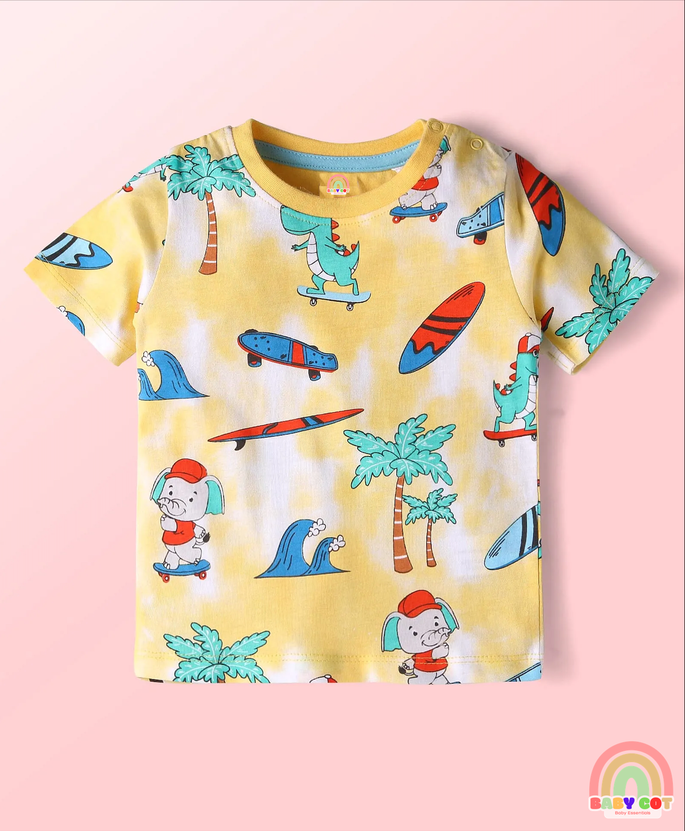 Single Jersey Knit Half Sleeves T-Shirt & Shorts Set With Beach Theme Print - Yellow & Blue