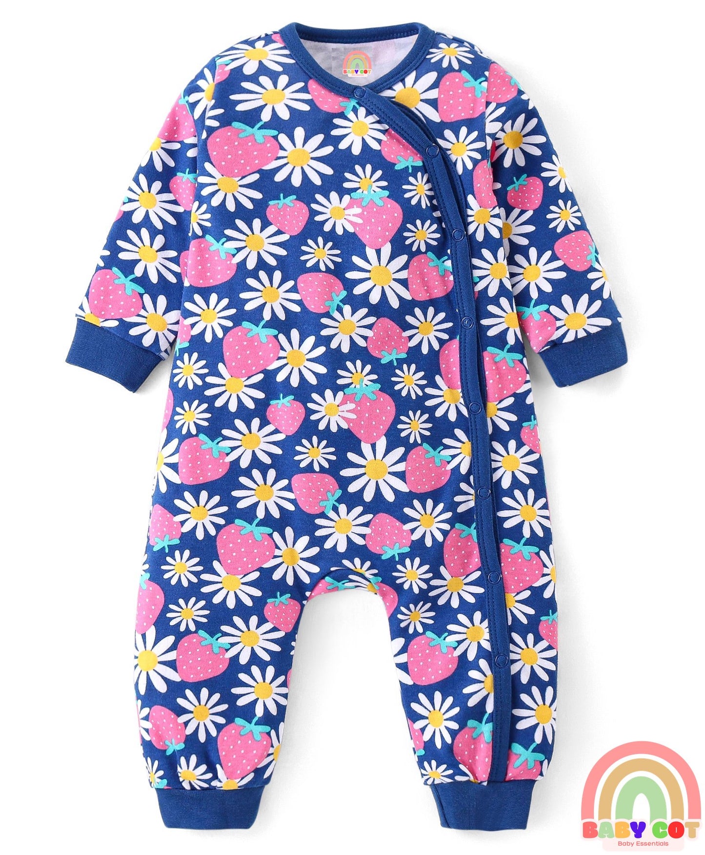 100% Interlock Cotton Knit Full Sleeves Rompers With Strawberries & Floral Print Pack of 2 - Yellow & Blue