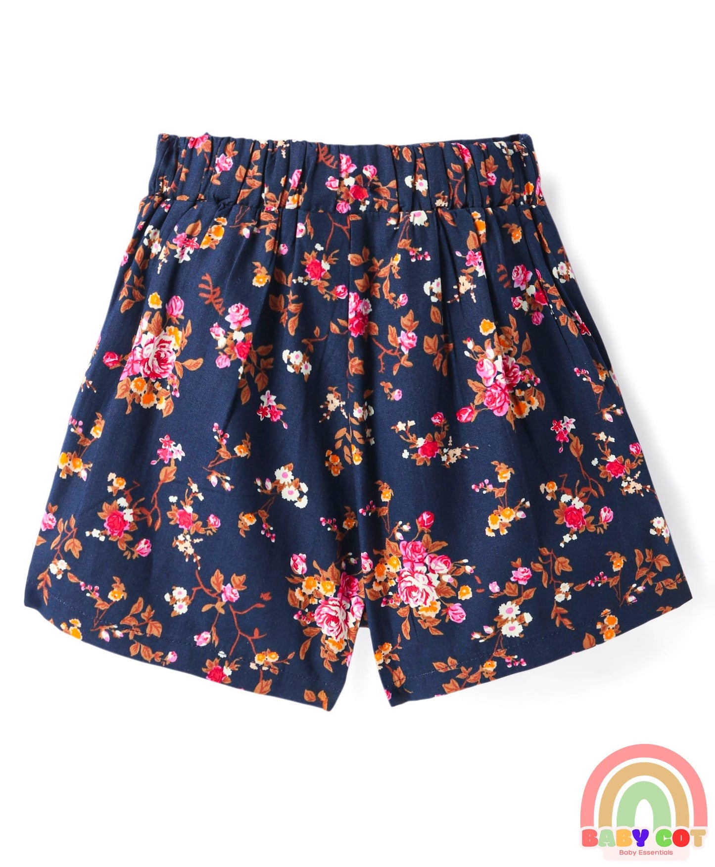 Cotton Floral Printed Bow Applique Detailed Skorts - Navy Blue