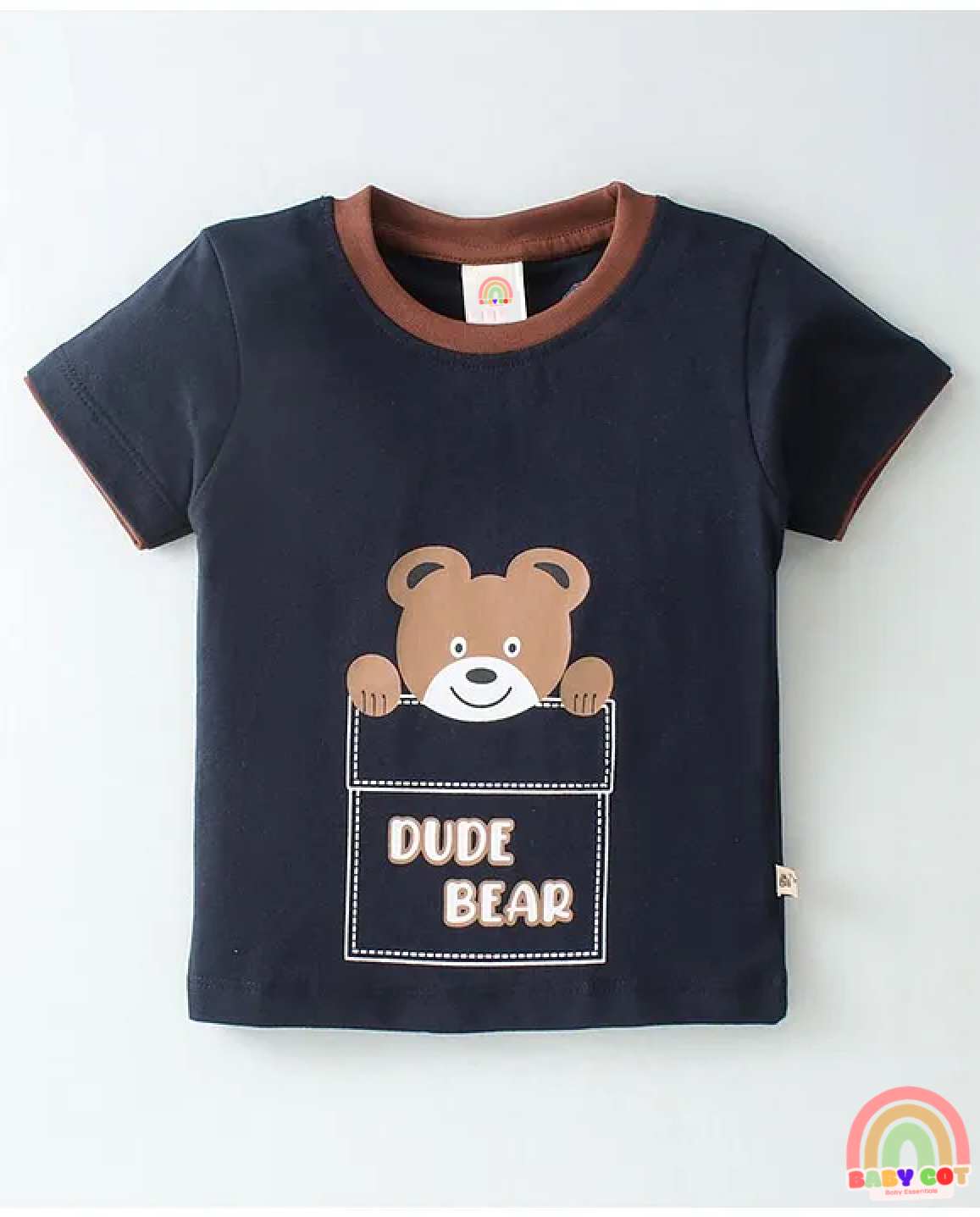 100% Cotton Half Sleeves T-Shirt and Striped Shorts Set Teddy Print - Navy Blue