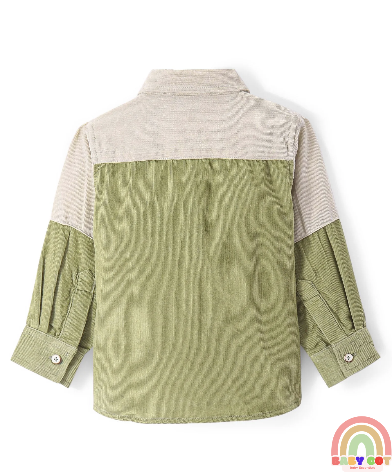 Cotton Woven Full Sleeves Colour Block Courdroy Shirt - Olive Green & White