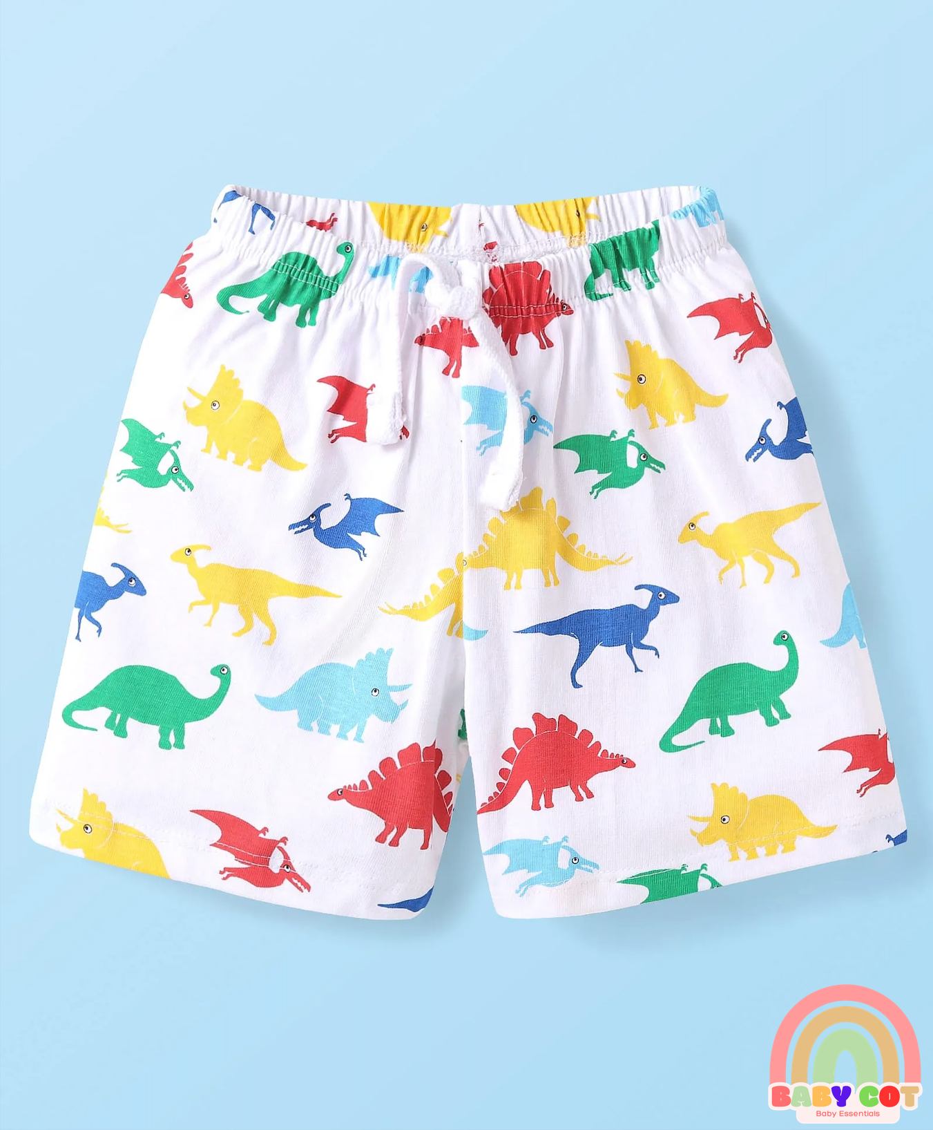 Single Jersey Knit Shorts with Stripes & Dino Print Pack of 3 - Yellow & White