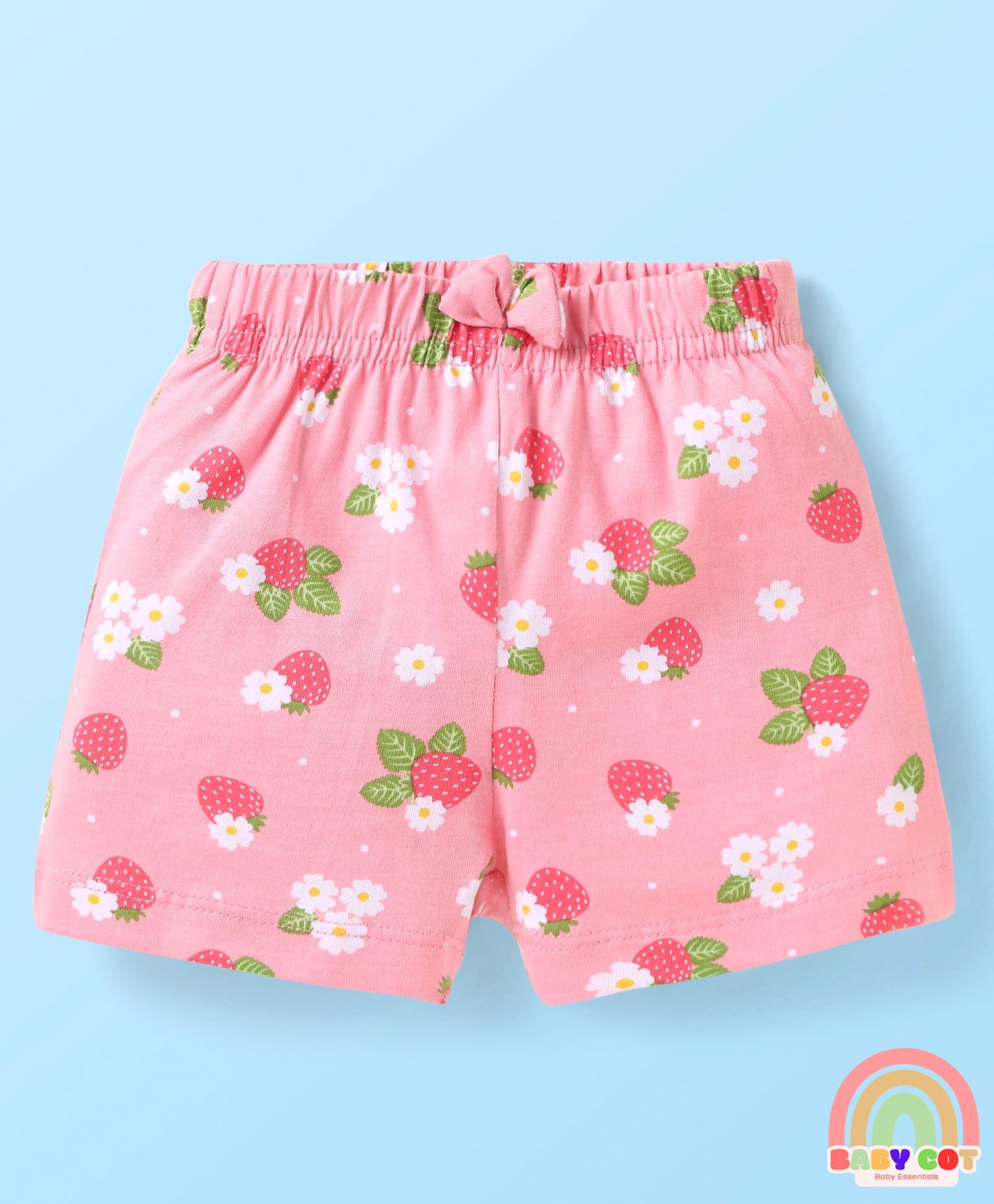 Cotton Knit Mid Thigh Shorts with Floral & Polka Dot Print & Bow Applique Pack of 3 - Pink & Grey