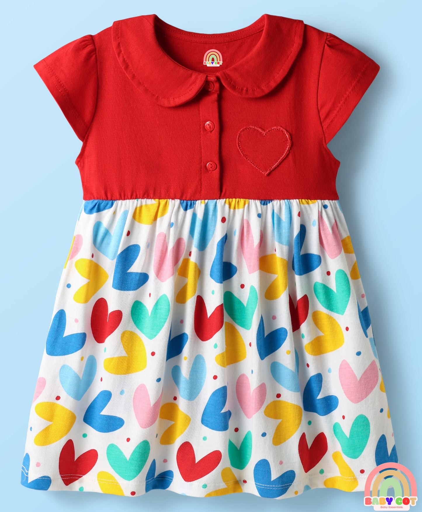 Single Jersey Knit Half Sleeves Heart Printed Frock With Bloomers - Red