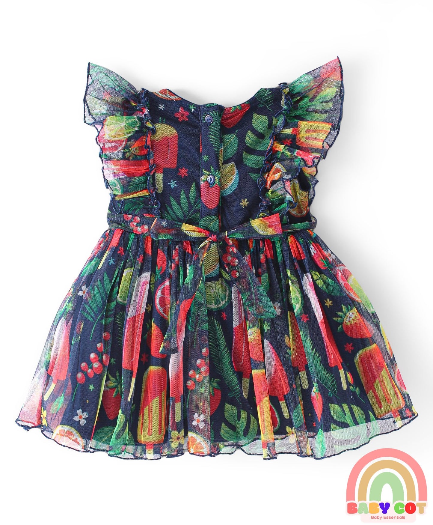 Cotton Woven Sleeveless Frock with Fruit Print & Frill Detailing - Multicolor