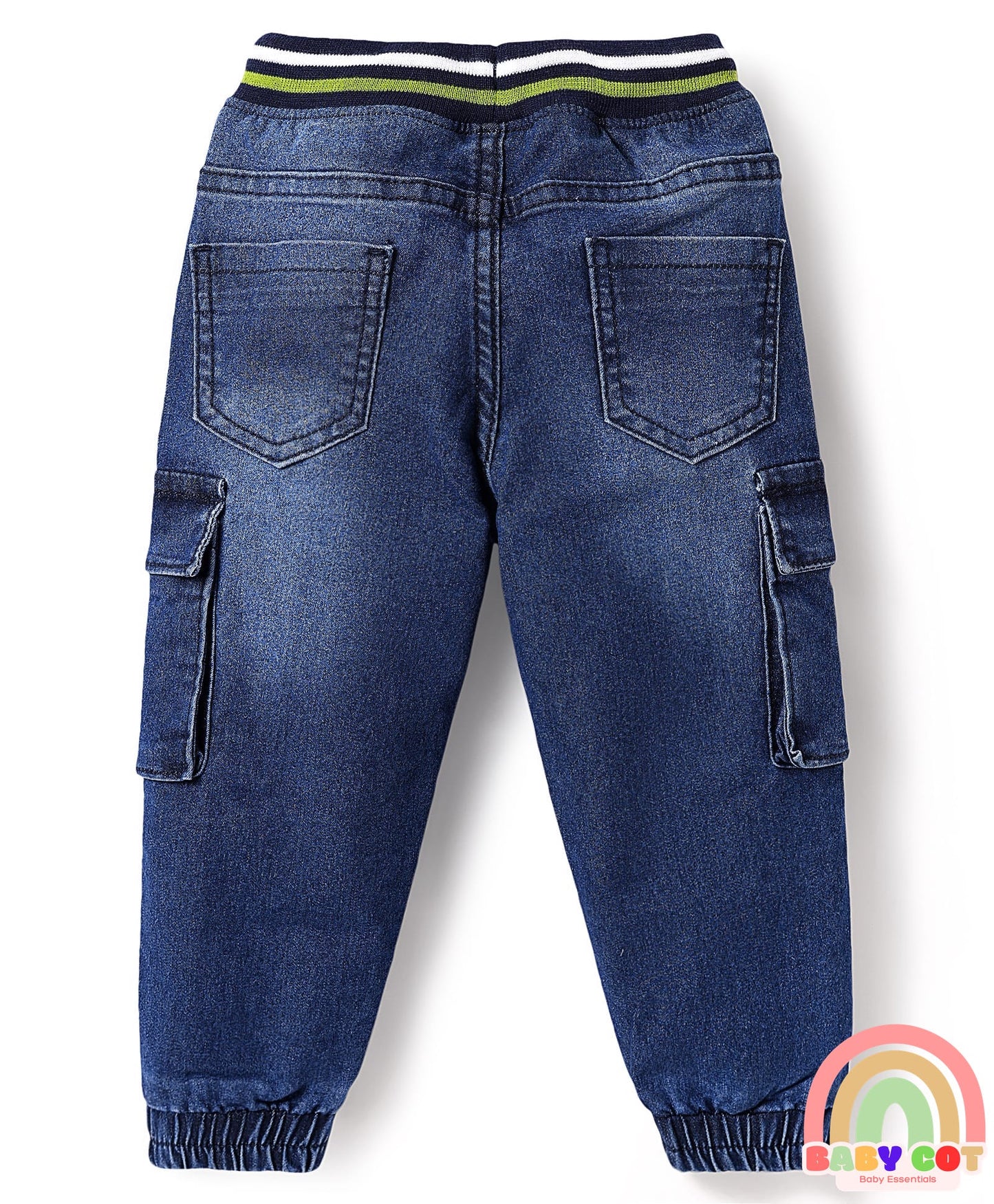 Full Length Washed Denim Jeans with Stretch & Patch Detailing - Blue