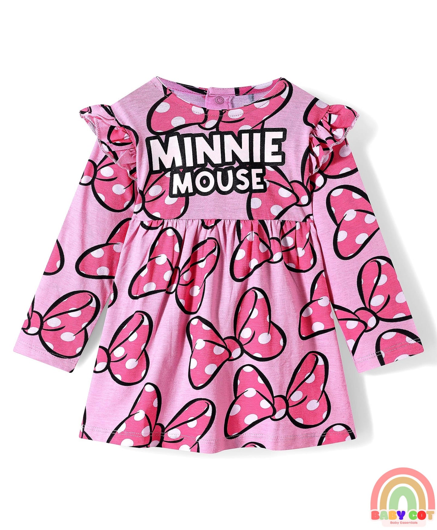 Single Jersey Knit Full Sleeves Frocks With Minnie Mouse Graphics & Frill Detailing Pack of 2 - Pink & Navy Blue