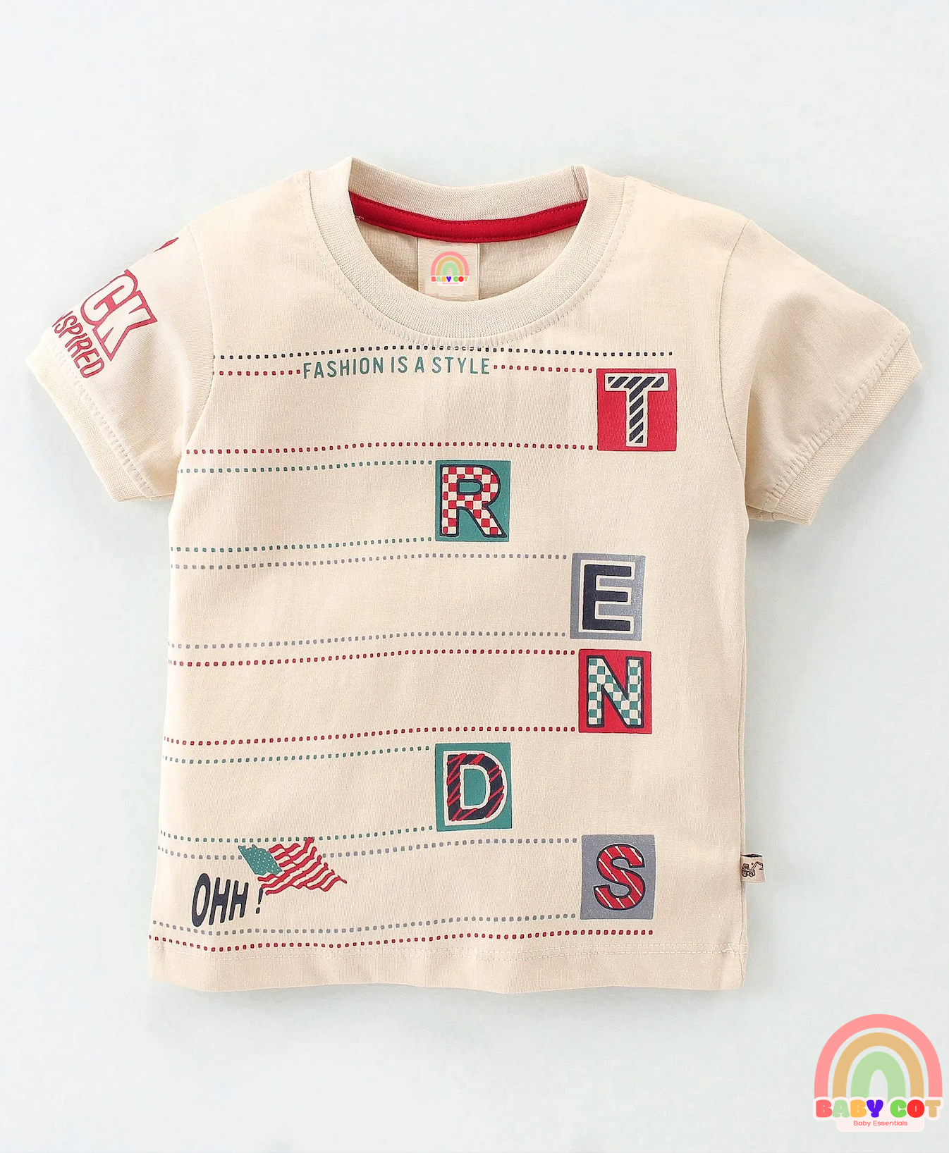 100% Cotton Knit Half Sleeves T-Shirt & Shorts With Text Print - Red & Beige
