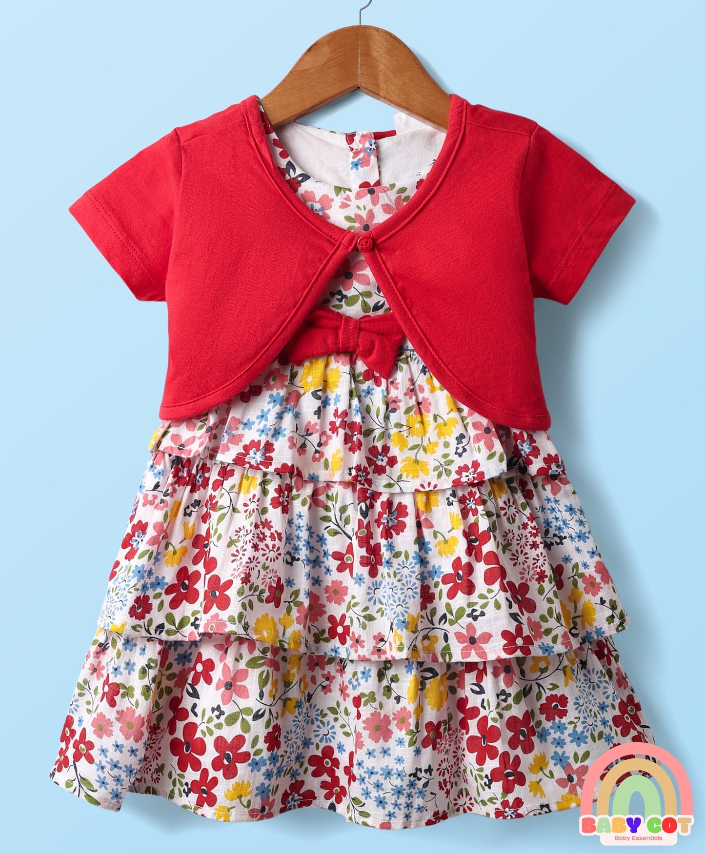 Cotton Knit Half Sleeves Shrug With Floral Printed Layered Frock with Bow Applique - Red
