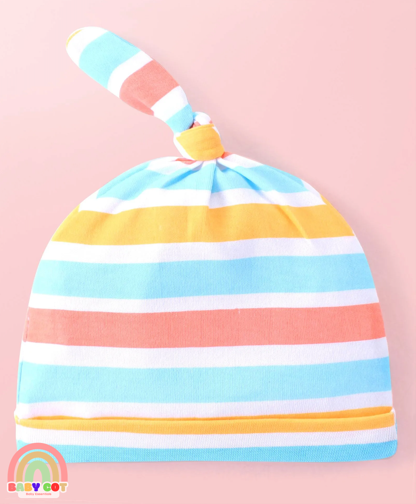 100% Cotton Interlock Knit Striped & Printed Caps with Knot Detailing - Pack of 2 - White & Blue