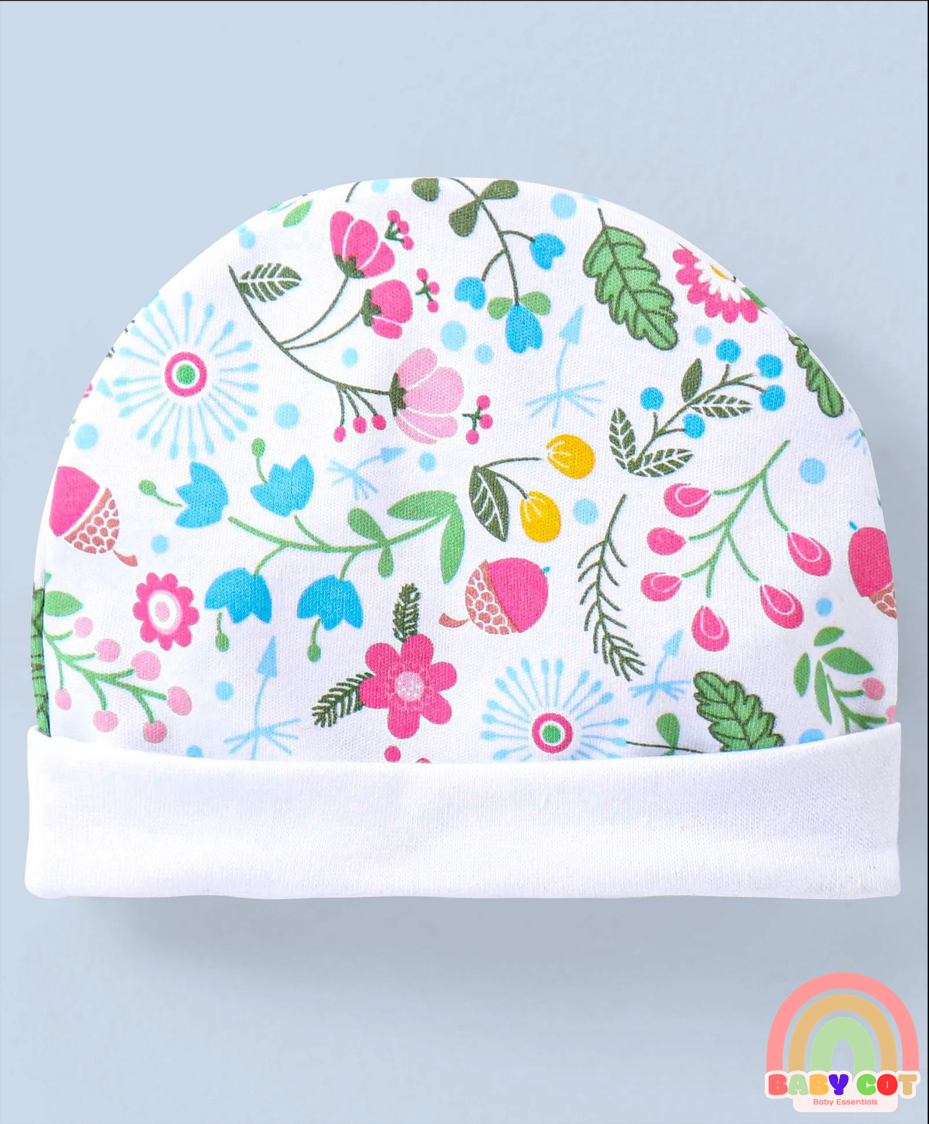 100% Cotton Cap Mitten & Booties Floral Print White- Diameter 11 CM