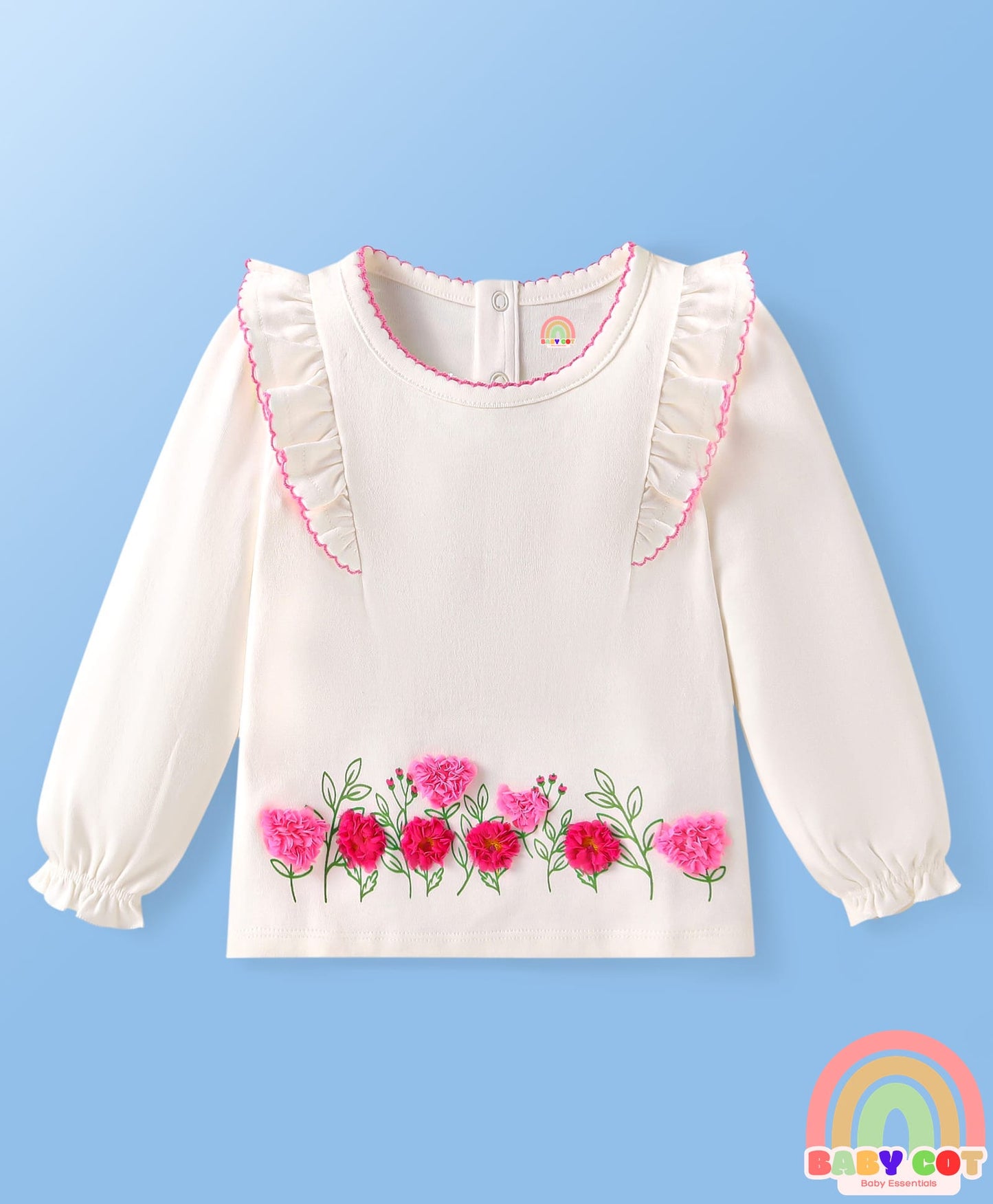 100% Cotton Solid Dyed Full Sleeves Top & Legging Set with Floral Applique & Frill Detailing- White & Pink