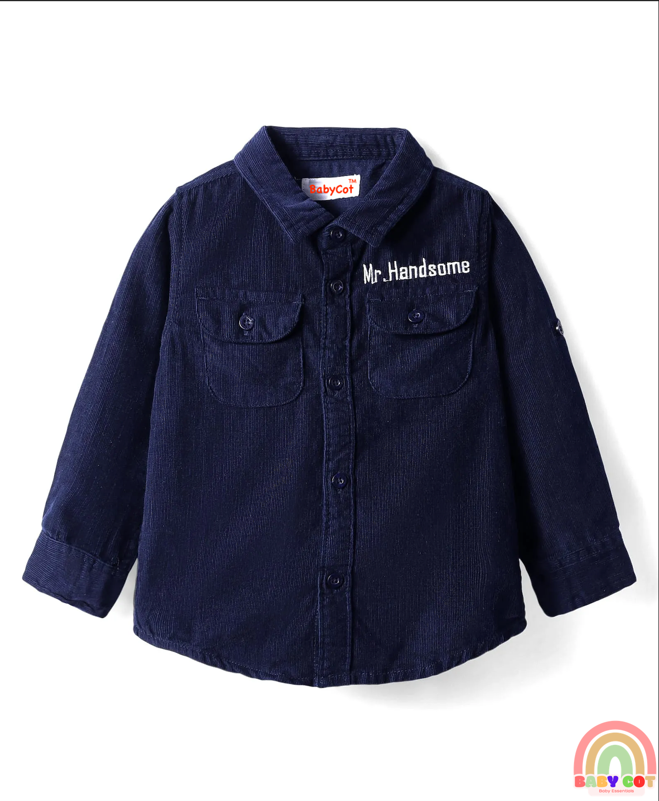 Cotton Woven Full Sleeves Solid Corduroy Shirt with Text Embroidered - Navy Blue