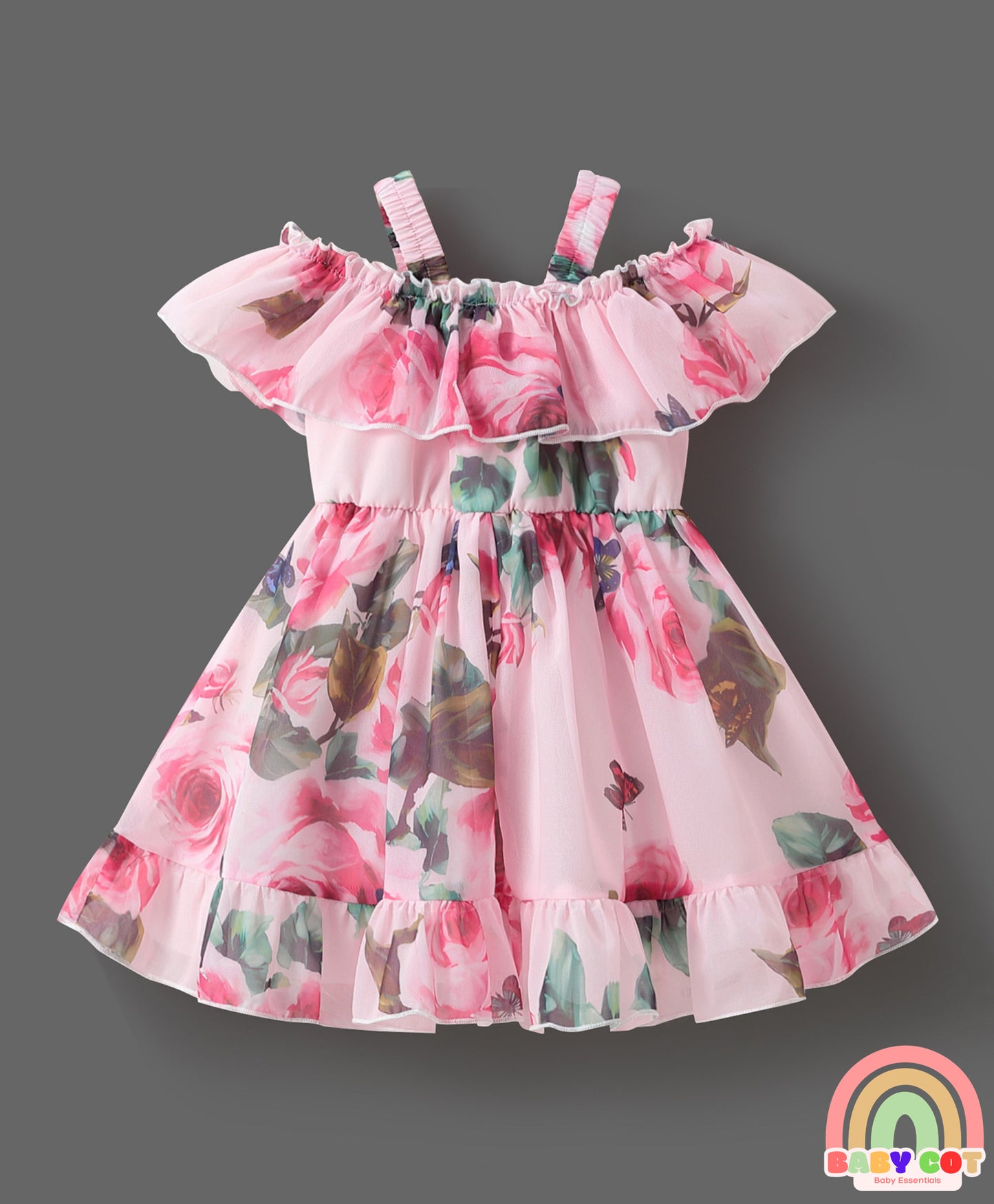 Cold Shoulder Sleeves Frock with Floral Print & Frill Detailing - Pink