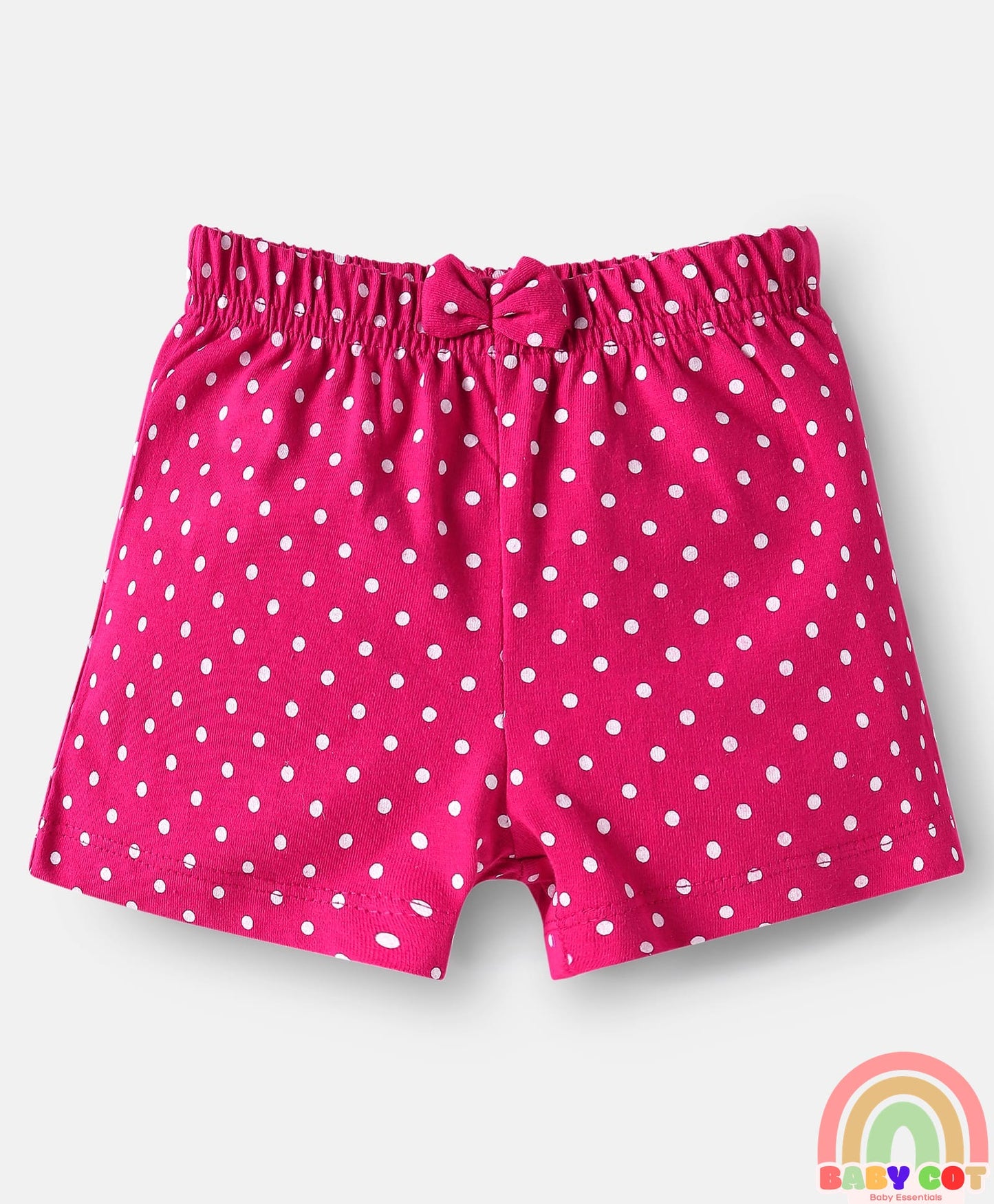 Single Jersey Knit Mid Thigh Shorts with Polka Dots & Bird Print with Bow Applique Pack of 3 - Pink Beige & Dark Pink