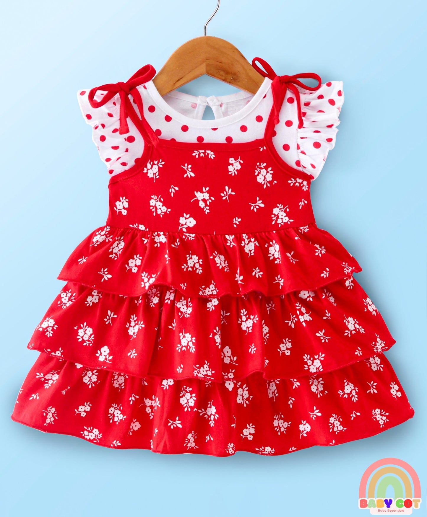 Single Jersey Knit Frill Sleeves T-Shirt With Layered Frock Floral Print - White & Red