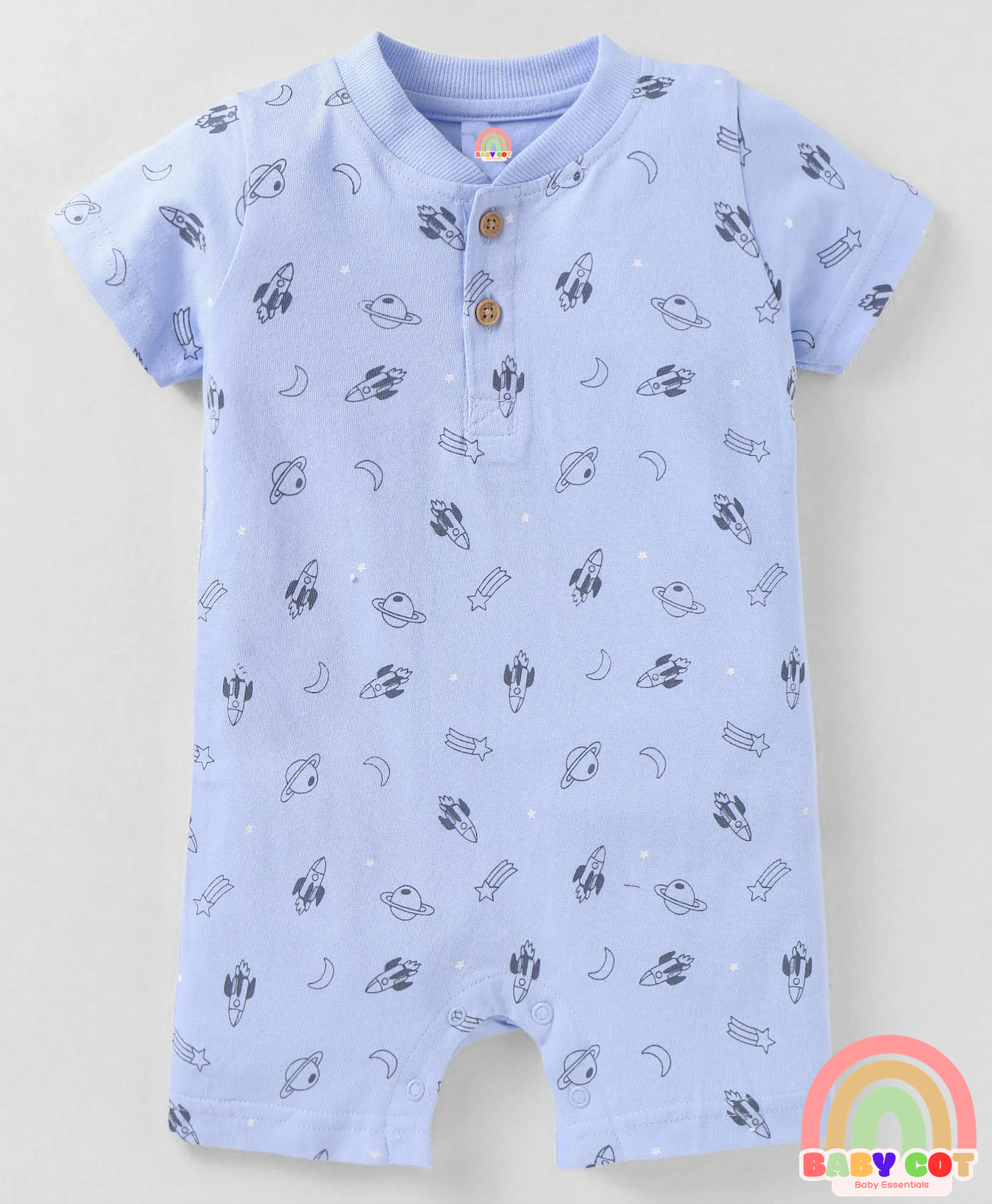 Interlock Knit Half Sleeves Rompers with Nautical & Space Theme Print Pack of 3 - Light Blue & Peach