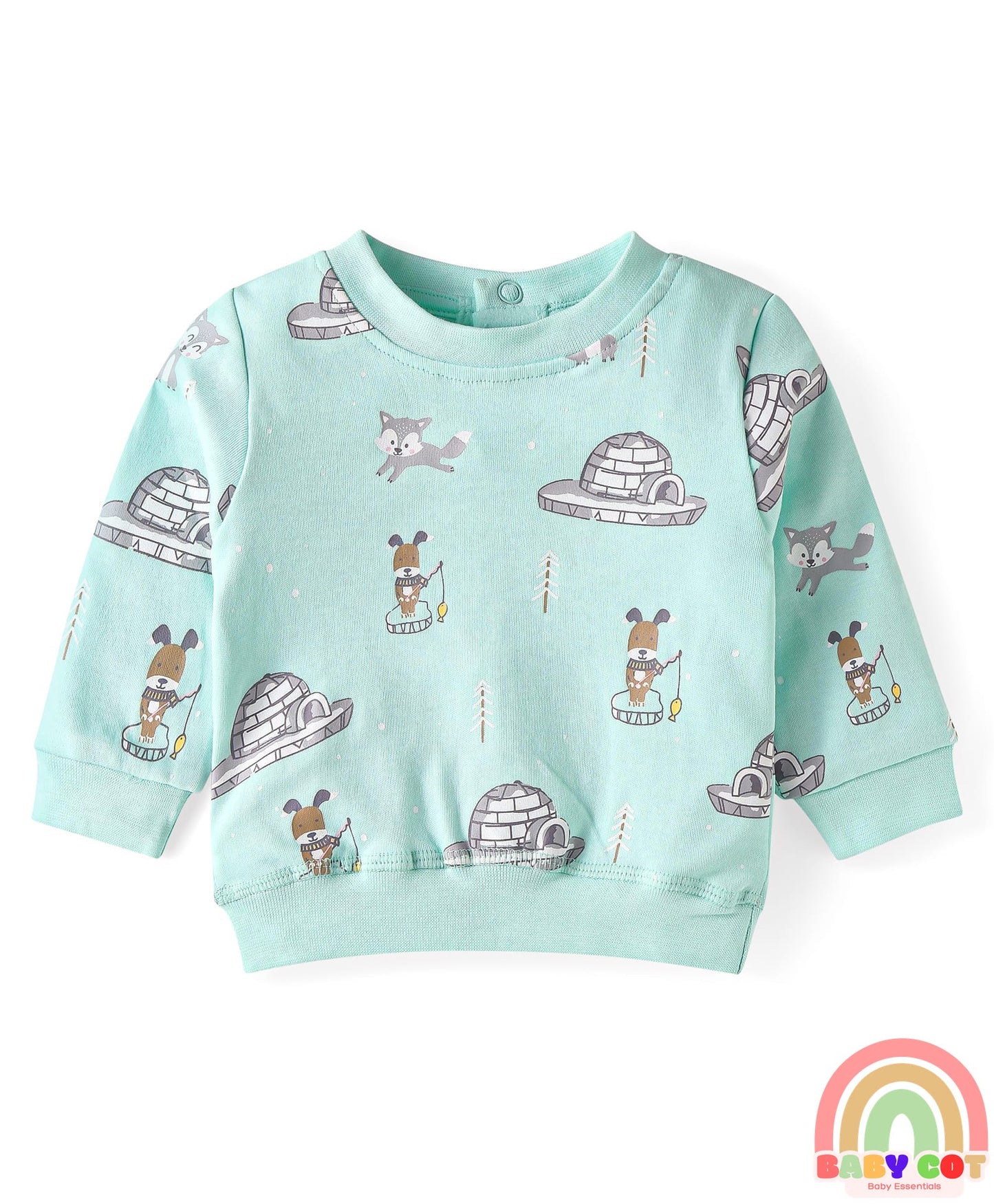 Terry Knit Full Sleeves Puppy Printed T-Shirt & Jogger Set - Blue & Cream