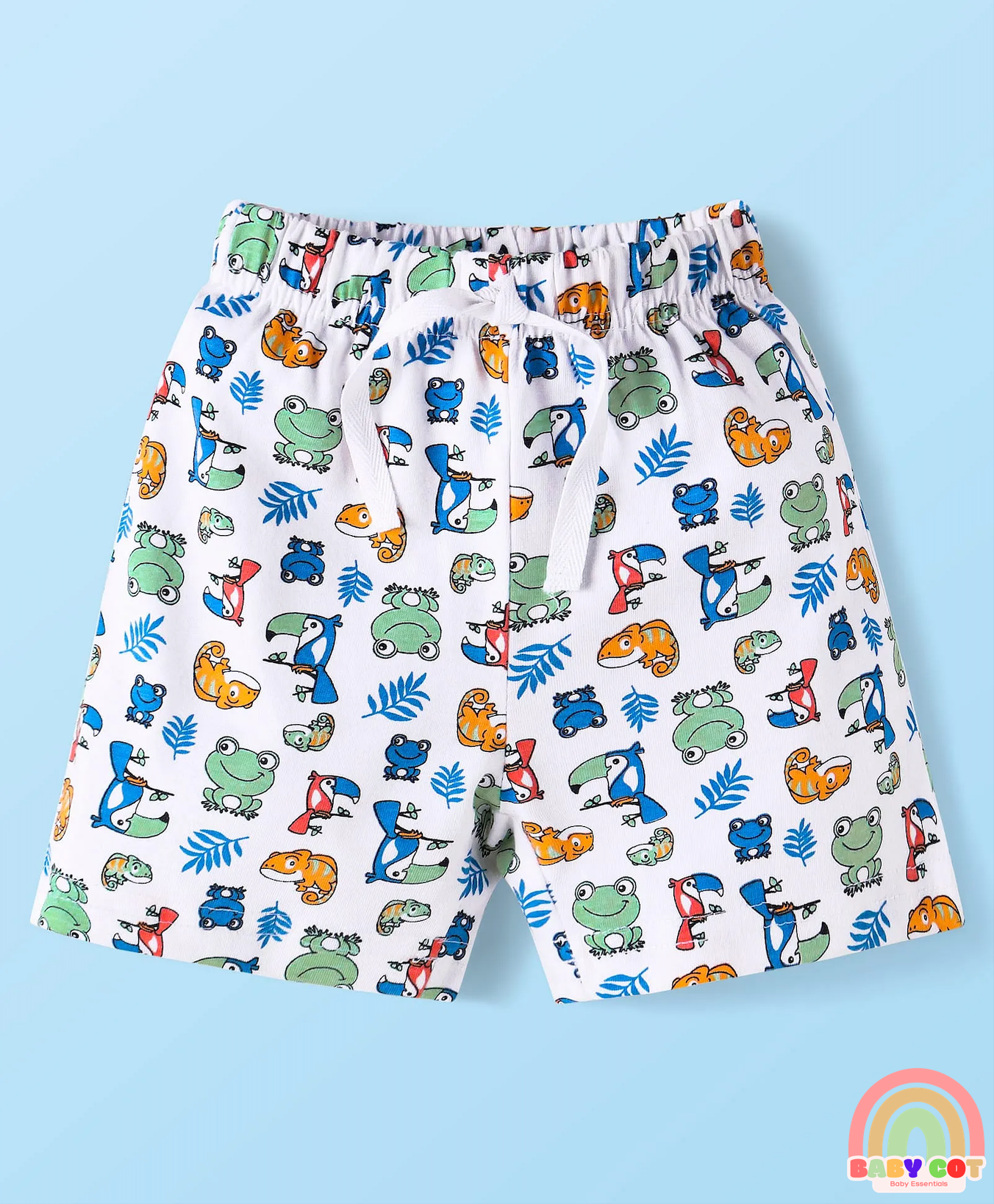 Cotton Knit Mid Thigh Length Shorts with Stripes & Frog Print Pack of 3 - White & Yellow