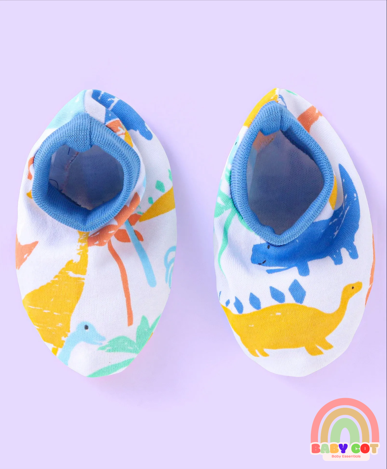100% Cotton Knit Cap Mittens & Booties with Dino Print - White & Blue