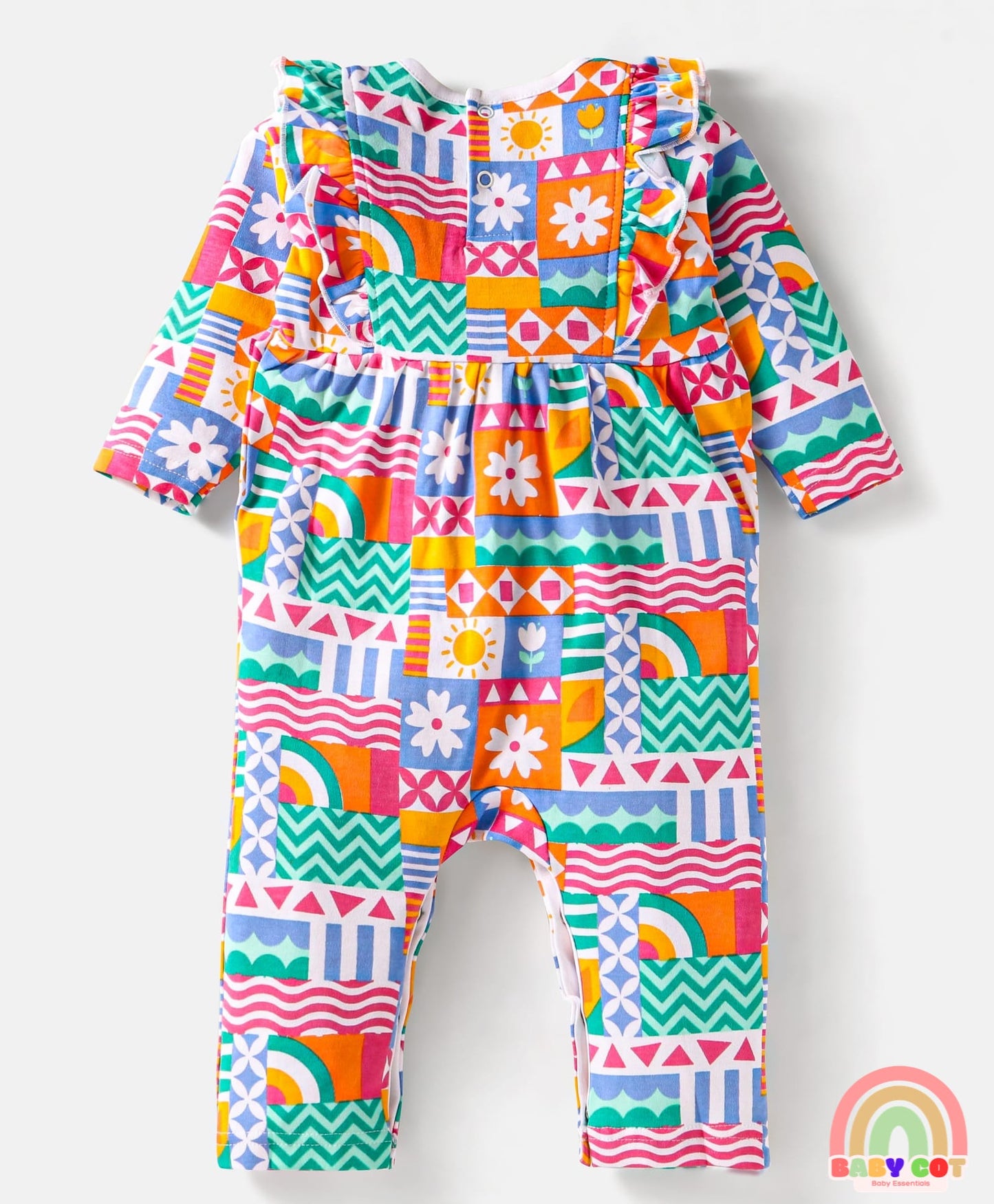 Interlock Knit Full Sleeves Romper With Floral Print & Hairband - Green