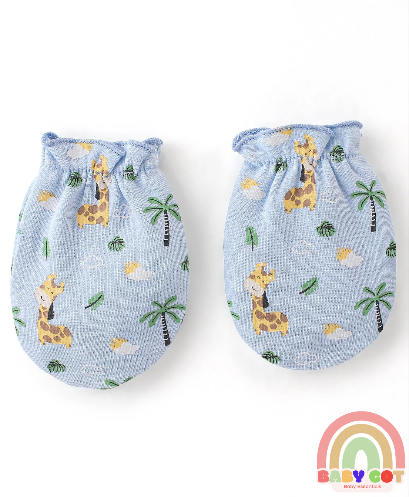 100% Cotton Cap Mittens & Booties Set Giraffe Print - Blue