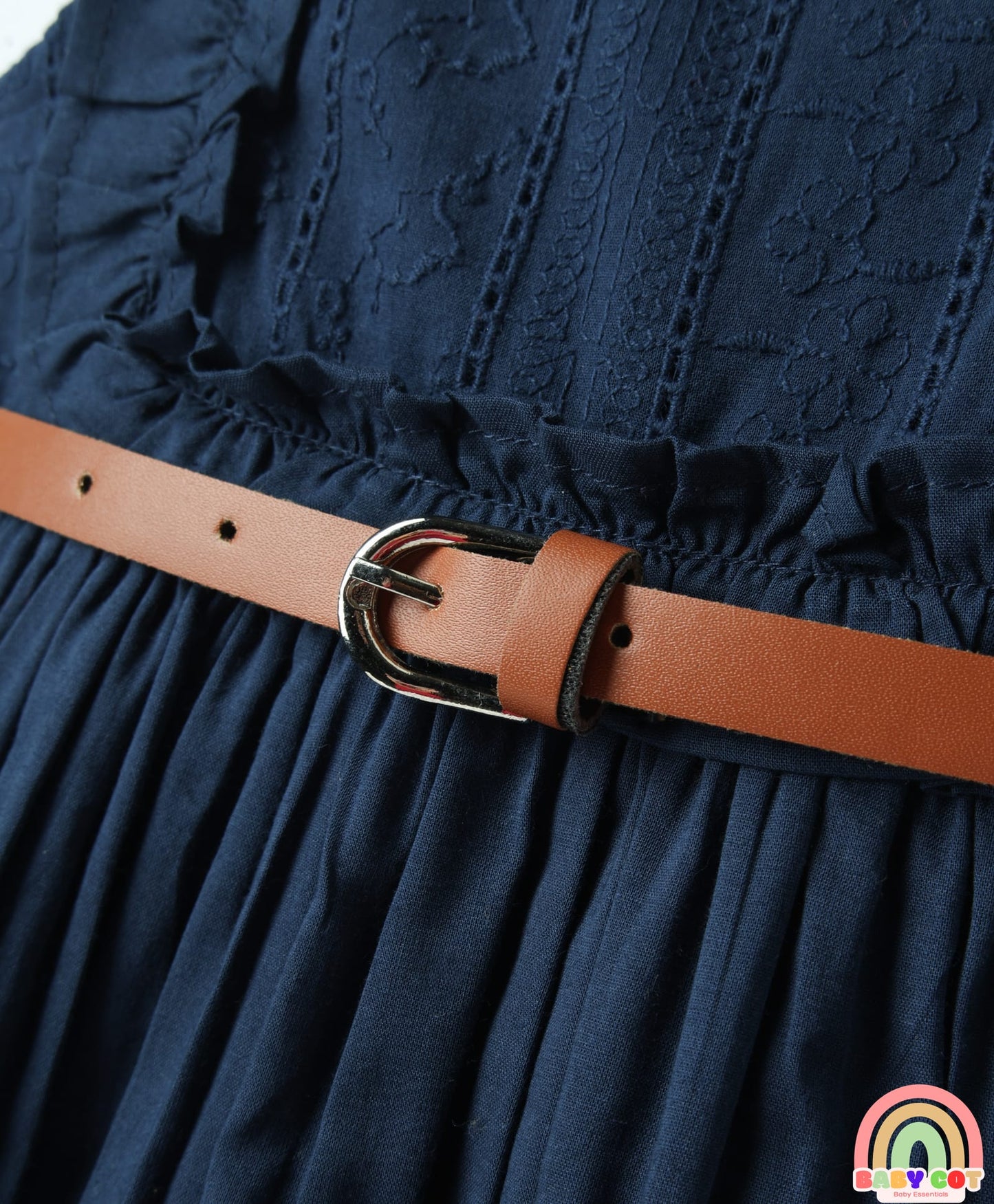 Cotton Woven Sleeveless Solid Frock With Belt - Navy Blue