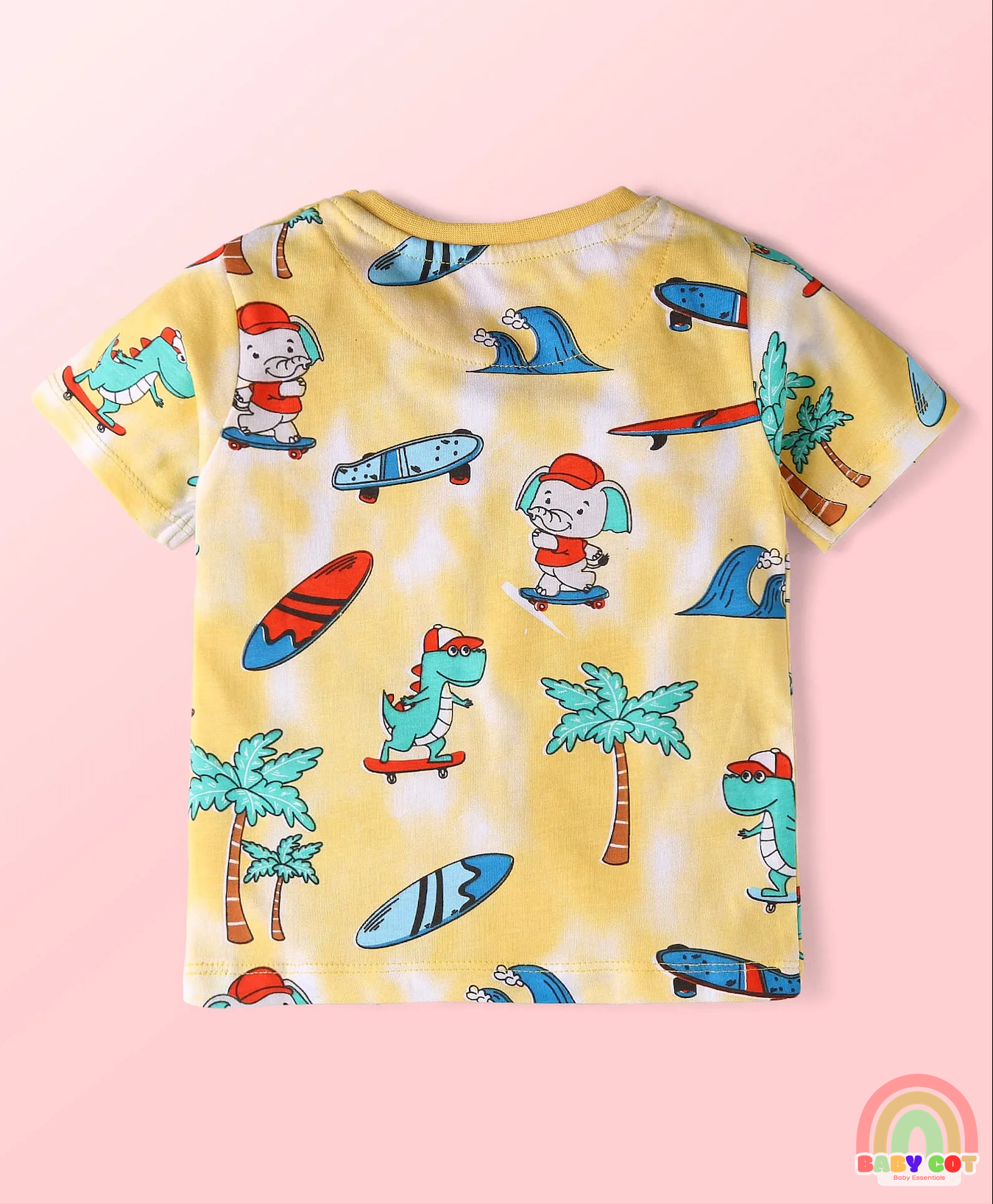 Single Jersey Knit Half Sleeves T-Shirt & Shorts Set With Beach Theme Print - Yellow & Blue