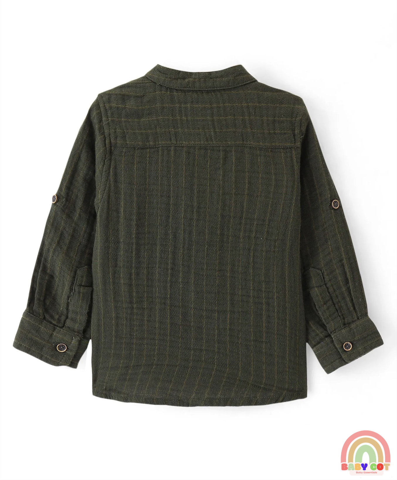 Cotton Woven Full Sleeves Mandarin Collar Solid Colour Shirt - Olive Green