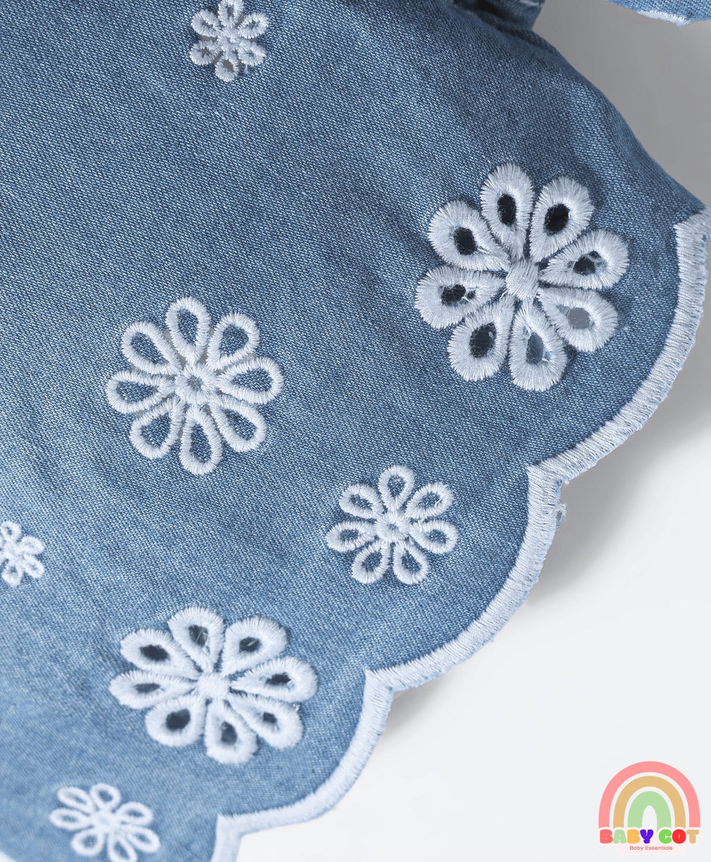 Woven Knee Length Denim Shorts With Floral Embroidery & Adjustable Elastic - Light Blue