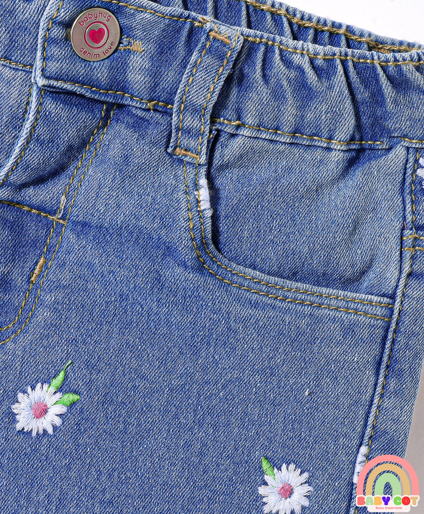 Denim Mid Thigh Shorts With Floral Embroidery & Stretch- Blue