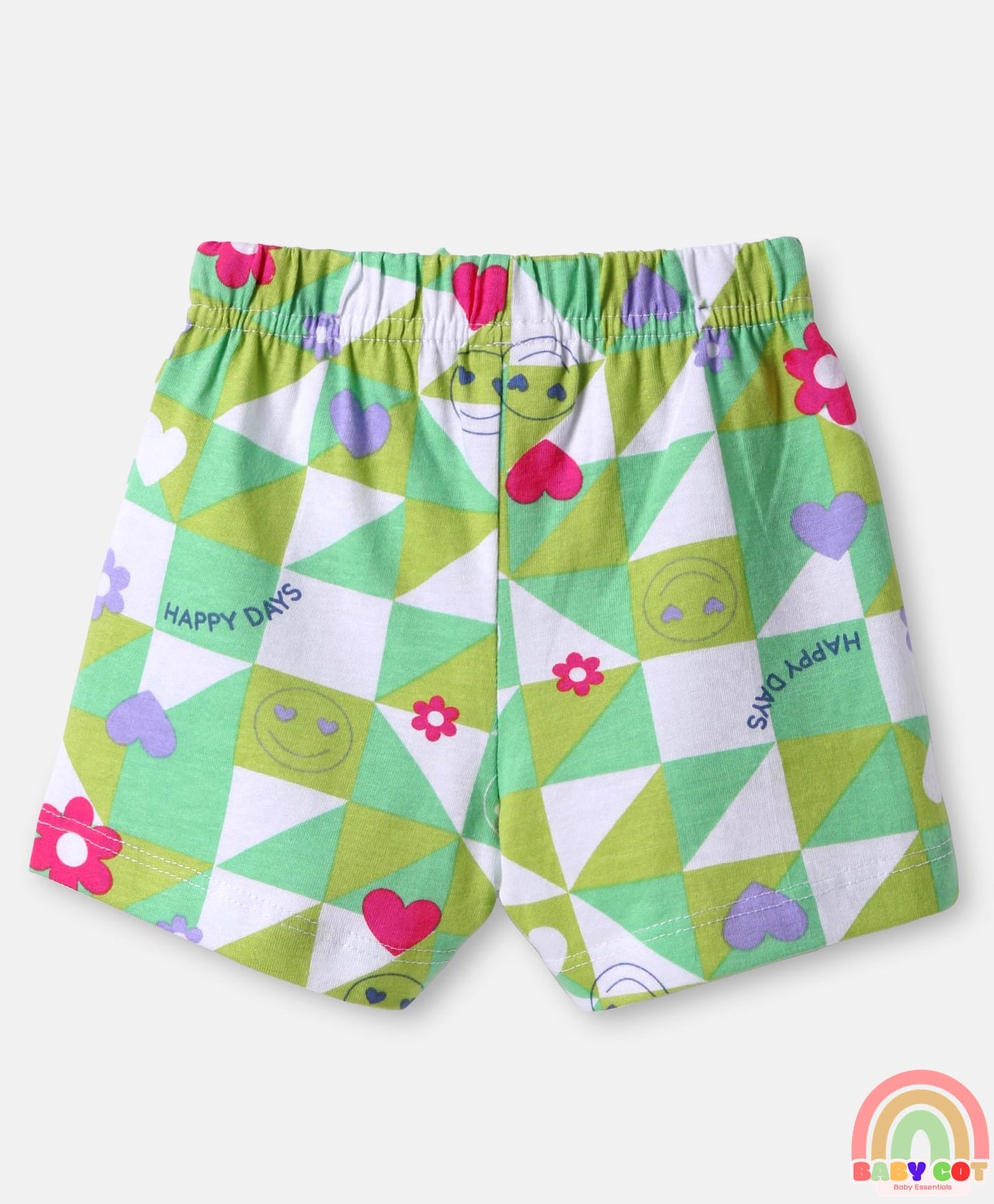 Cotton Knit Mid Thigh Length Shorts with Floral & Smiley Print & Bow Applique Pack of 3 - White Green & Lavender