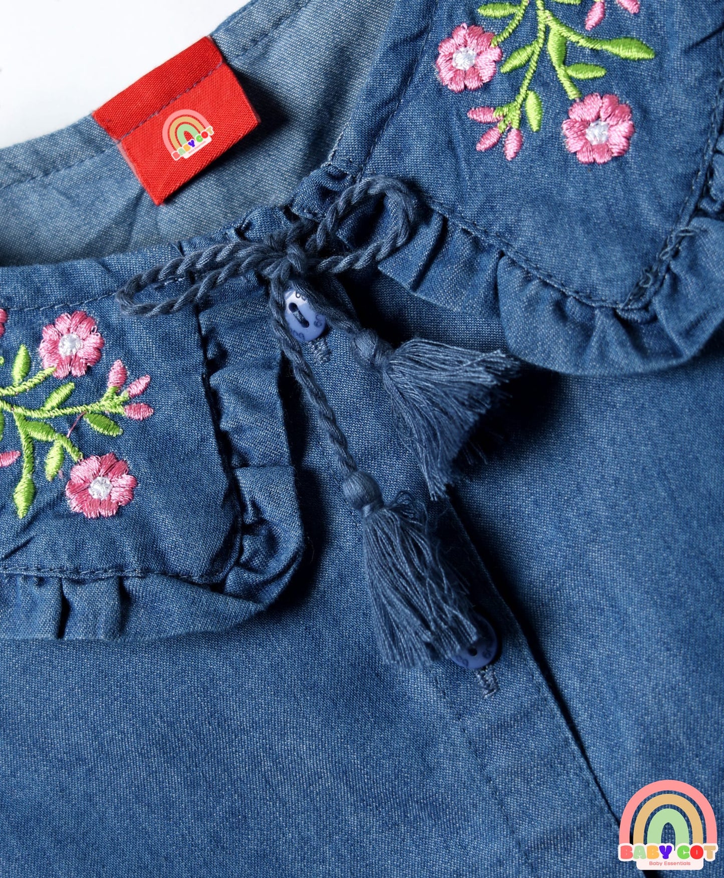 Sleeveless Front Open Peter Pan Collared Denim Top with Floral Embroidery - Navy Blue