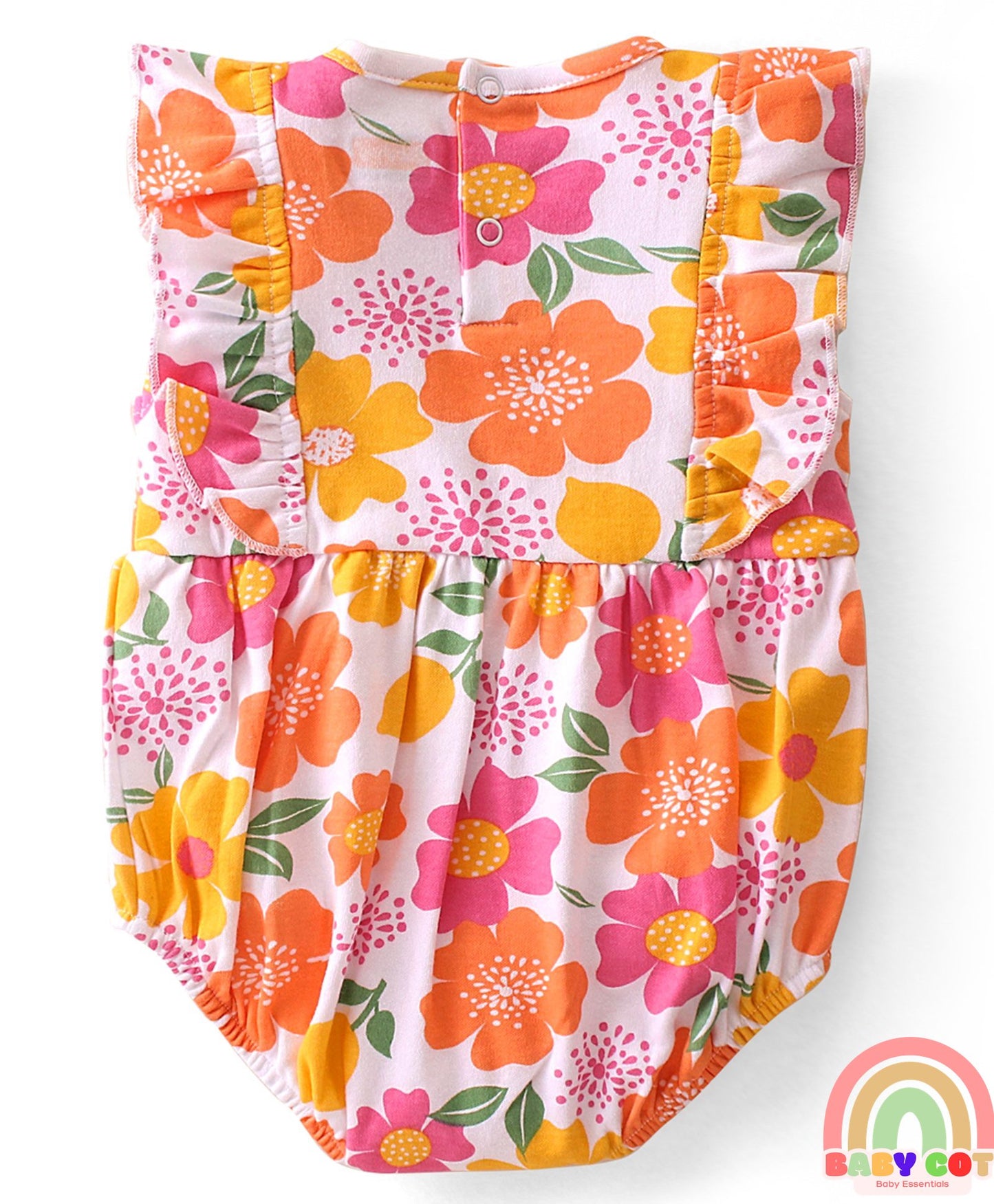 100% Cotton Knit Frill Sleeves Floral Printed Onesie with Cap - Multicolour