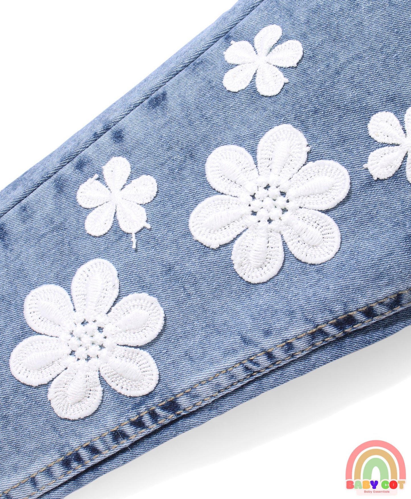 Full Length With Stretch Denim Washed Jeans with Floral Applique - Blue