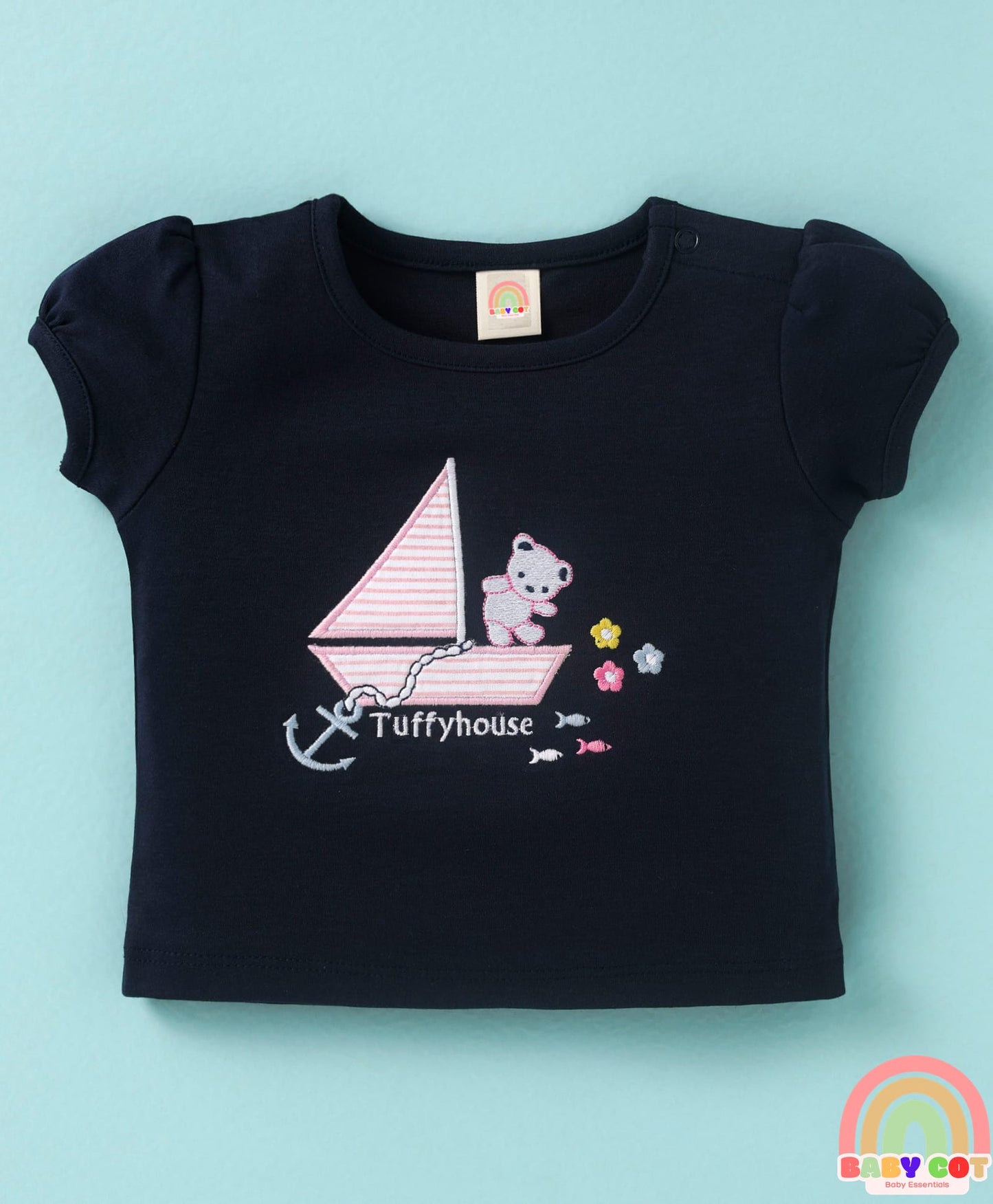 Cotton Woven Half Sleeves Top & Skirt Set With Boat Print & Embroidery - Navy Blue