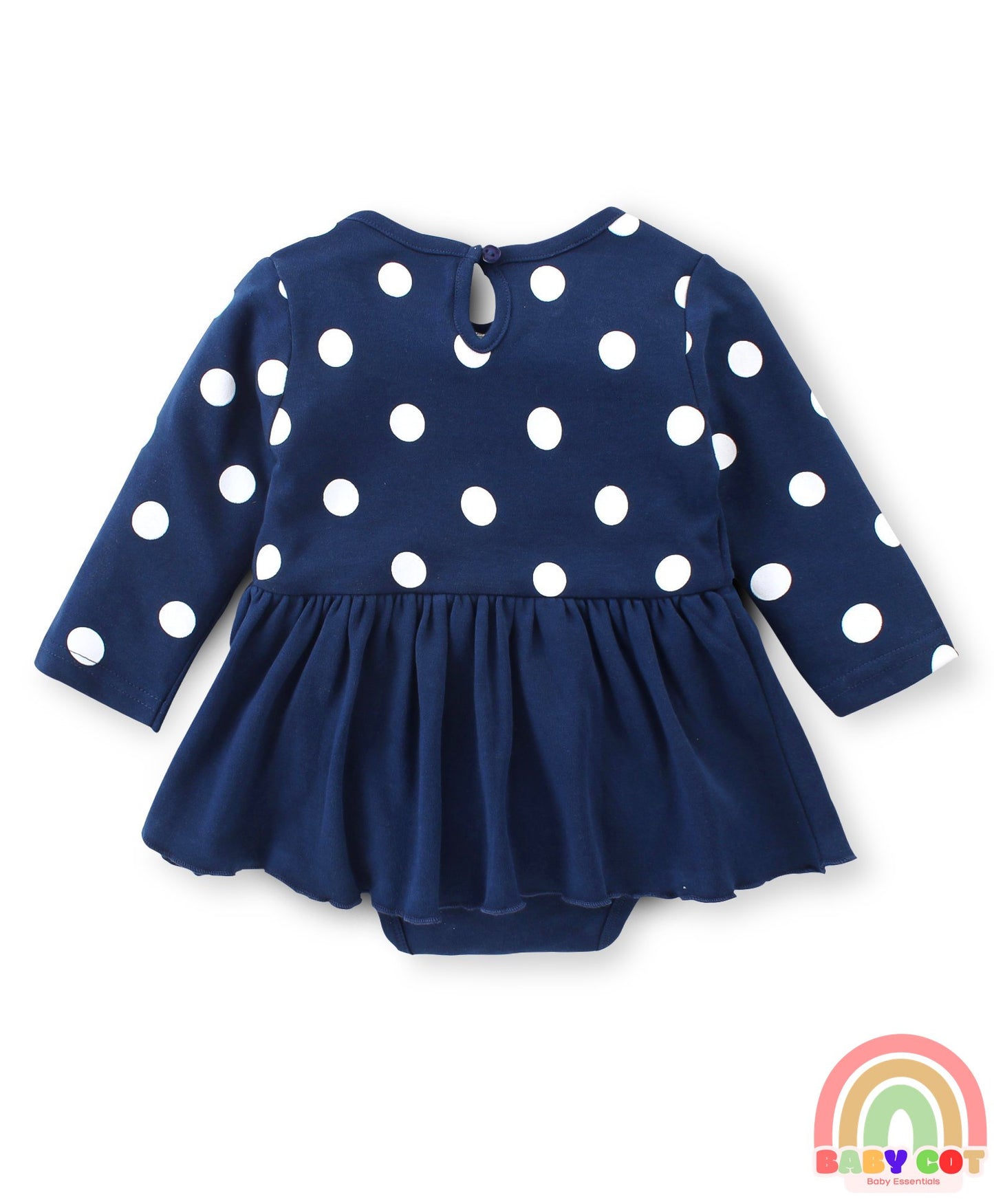 100 % Cotton Knit Full Sleeves Frock Style Onesie With Hairband Polka Dot Print-Navy Blue