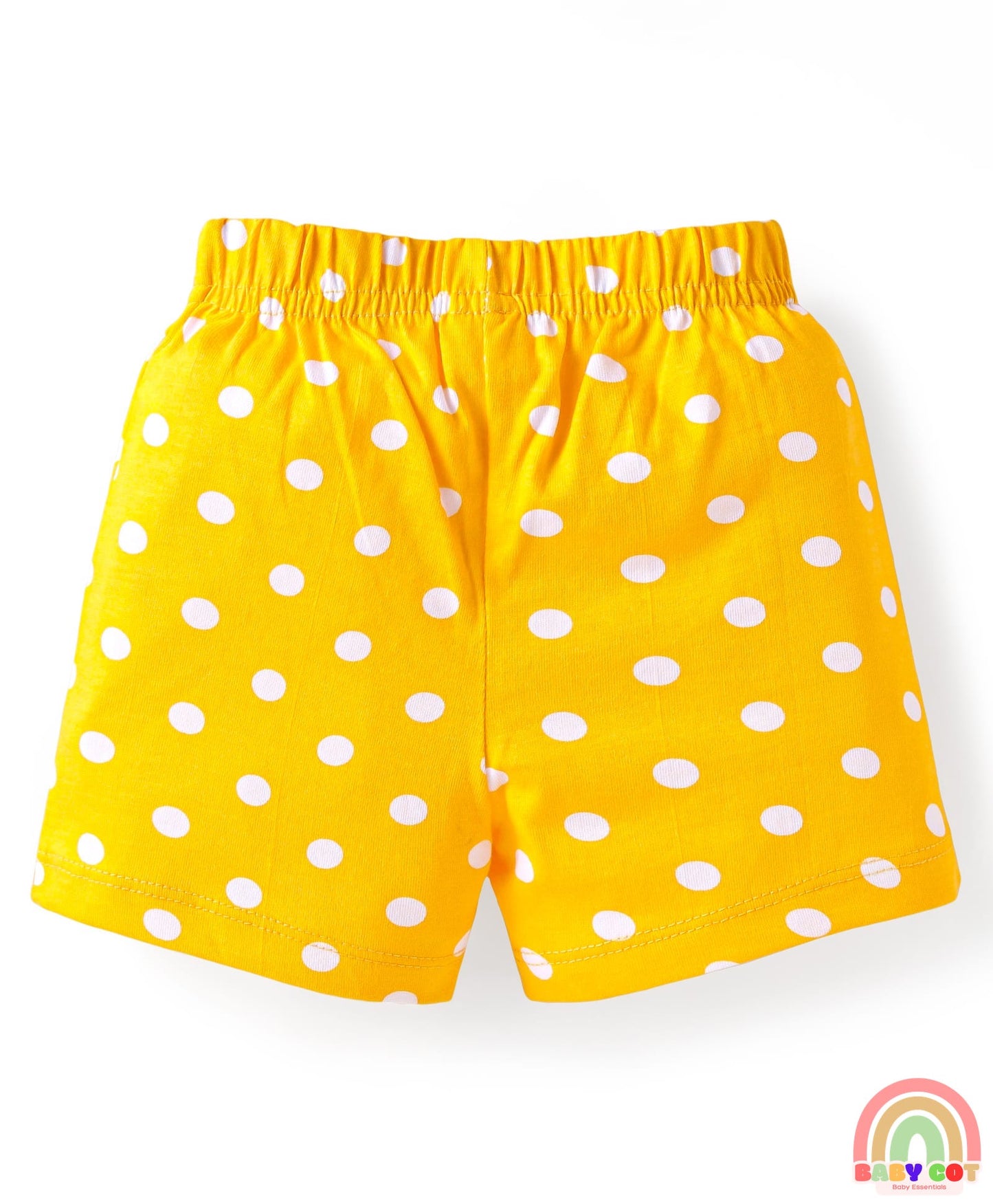 Cotton Single Jersey Knit Mid Thigh Polka Dots & Tropical Theme Printed Shorts with Bow Applique Pack of 3 - Pink Yellow & Blue