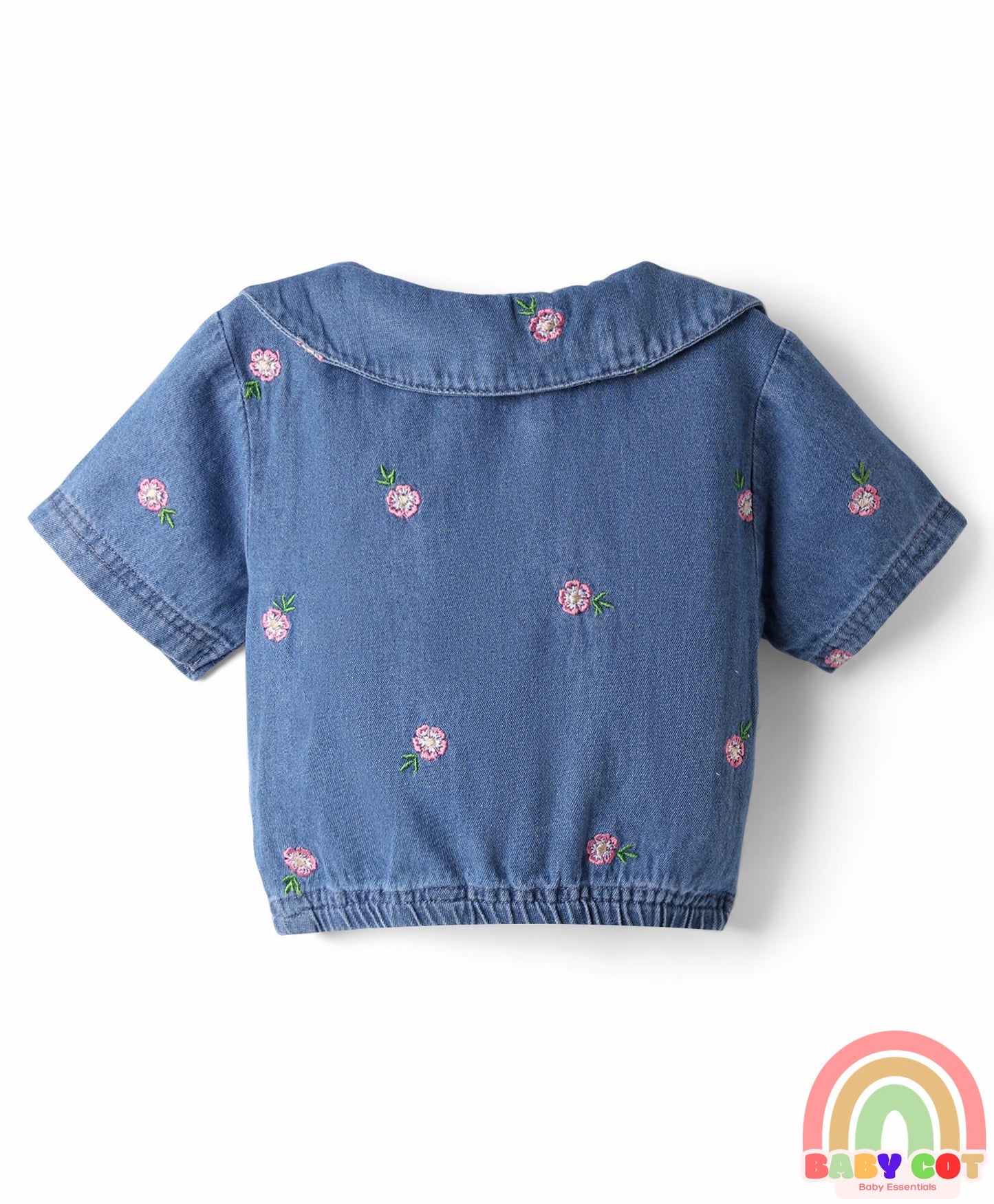 100% Cotton Half Sleeves Peter Pan Collar Top & Shorts Set with Floral Embroidery - Blue