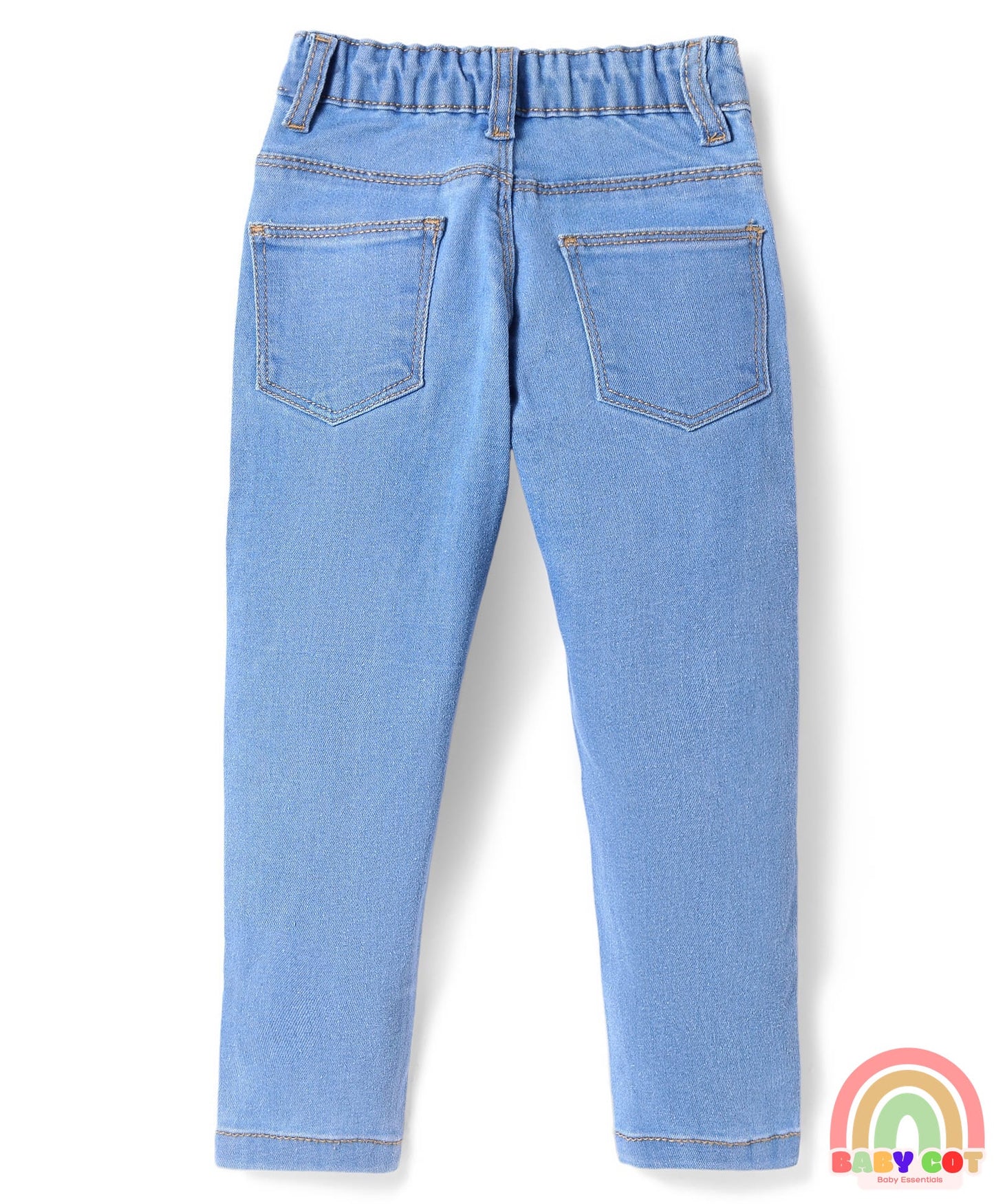 Full Length Washed Denim Jeans With Floral & Honey Bee Embroidery & Stretch - Blue