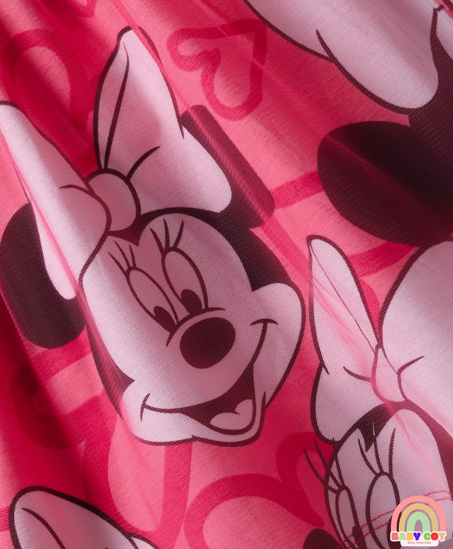Single Jersey Knit Half Sleeves Frock With Minnie Mouse Graphics & Frill Detailing - Dark Pink
