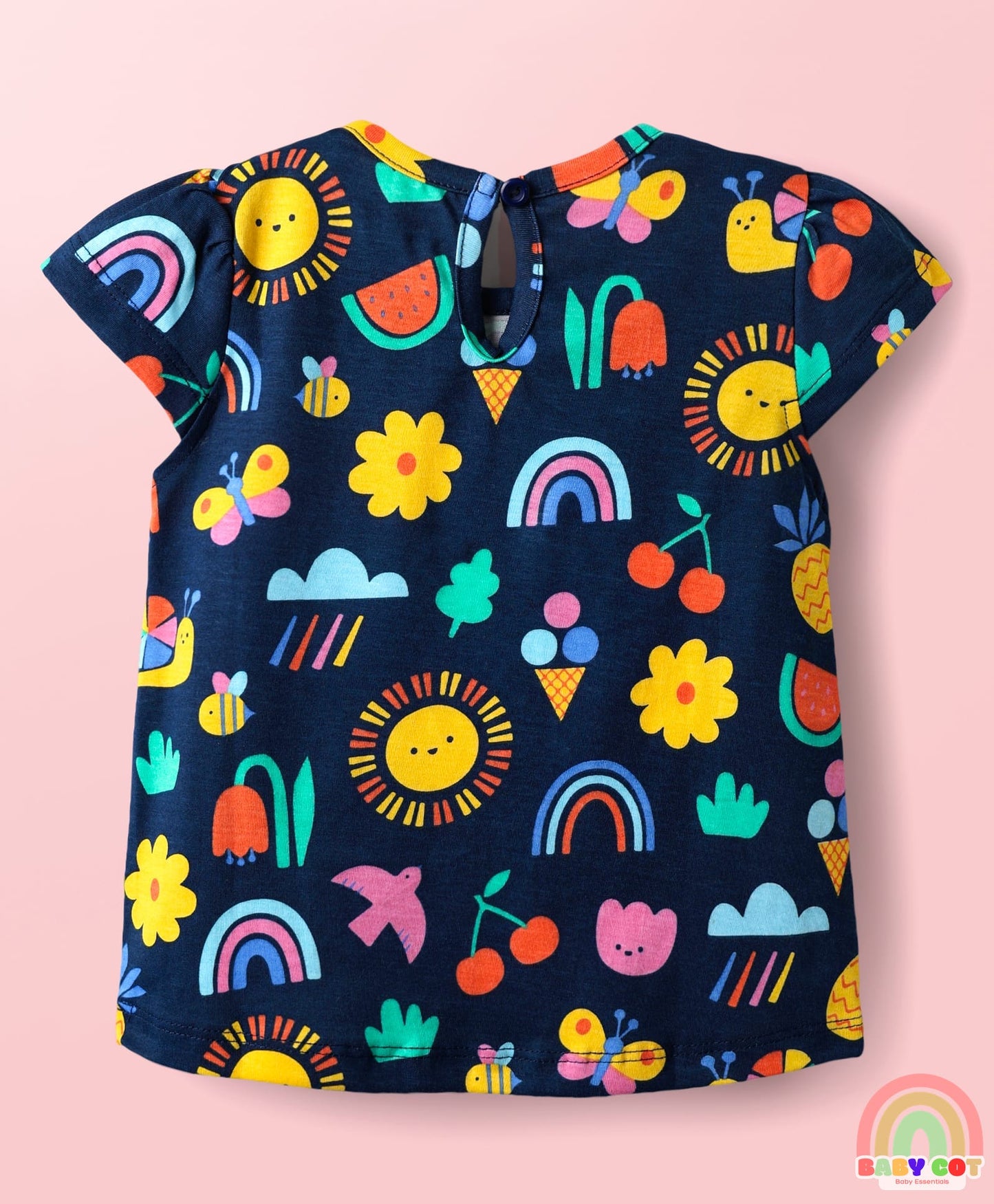 100% Cotton Knit Half Sleeves T-Shirts with Rainbow & Polka Dots Print Pack of 3 - Yellow Navy Blue & White
