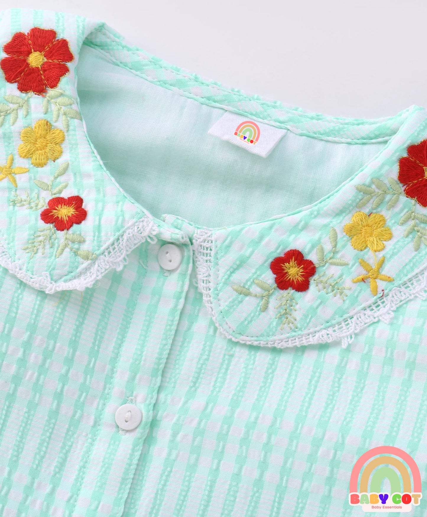 Full Sleeves Floral Embroidered Checks Top With Peter Pan Collar - Light Blue