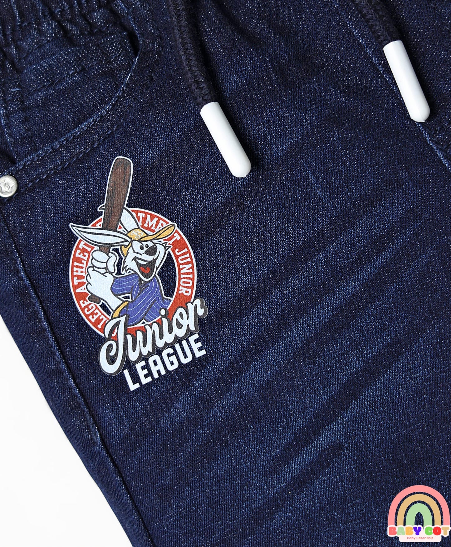 Denim Full Length Washed Jeans With Stretch & Text Print - Navy Blue