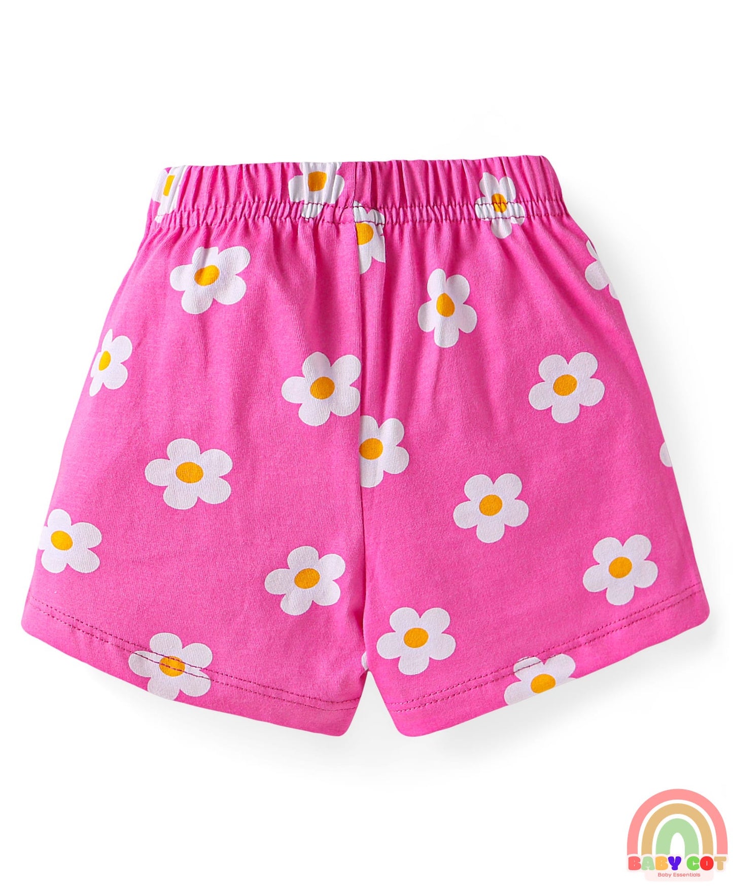 Cotton Knit Mid Thigh Strawberry & Floral Printed Shorts with Bow Applique Pack of 3 - Pink & Yellow