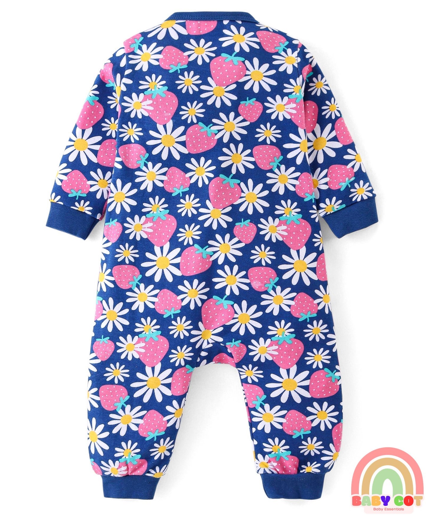 100% Interlock Cotton Knit Full Sleeves Rompers With Strawberries & Floral Print Pack of 2 - Yellow & Blue