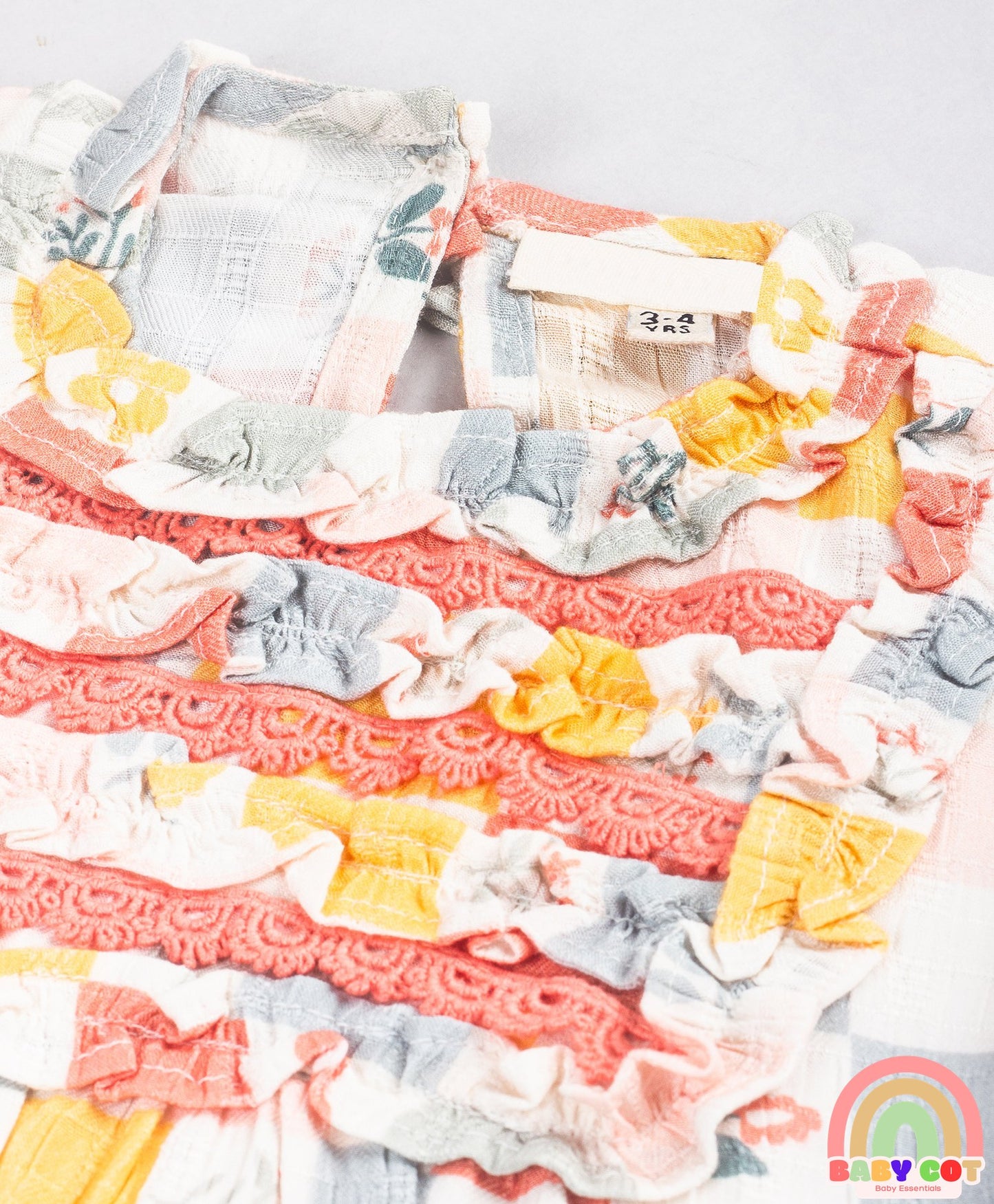 Cotton Woven Half Peasant Sleeves Floral Printed Checked Lace Detailed Top - Multi Colour
