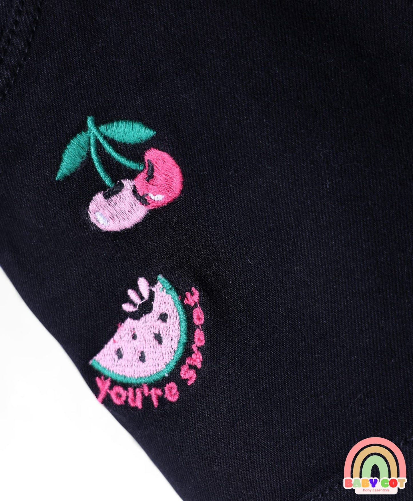 Mid Thigh Length Denim Skirt with Fruit Embroidery - Black